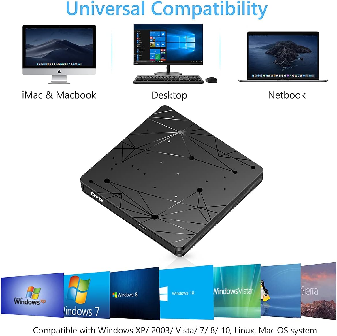 Schwarzer DVD-Player mit Muster, kompatibel mit verschiedenen Betriebssystemen.