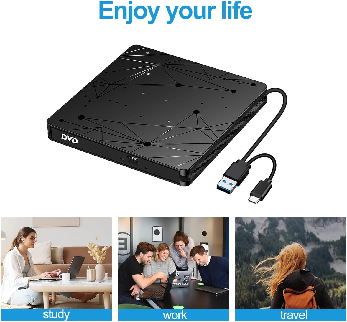 Schwarzer DVD-Brenner mit USB-C/A-Kabel und drei Szenen: Lernen, Arbeit, Reisen.