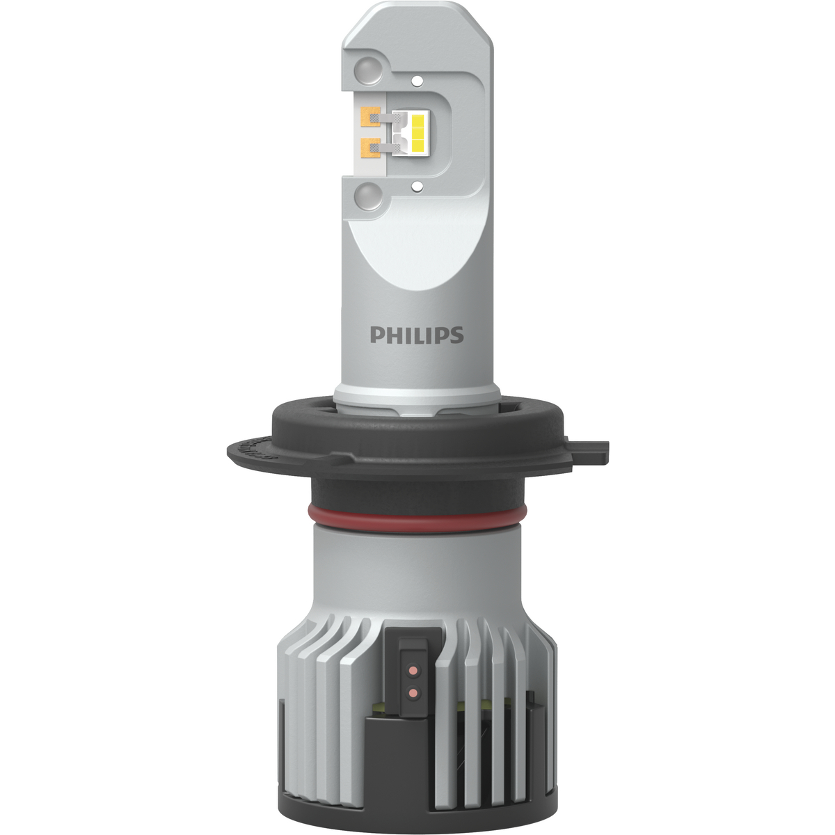 Eine silberne Philips LED-Autolampe mit schwarzem Sockel und rotem Ring.