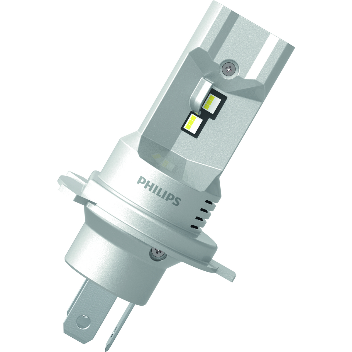 Ein weißer Philips LED-Scheinwerfer mit zwei hellen Lichtern und einem Metallstecker.