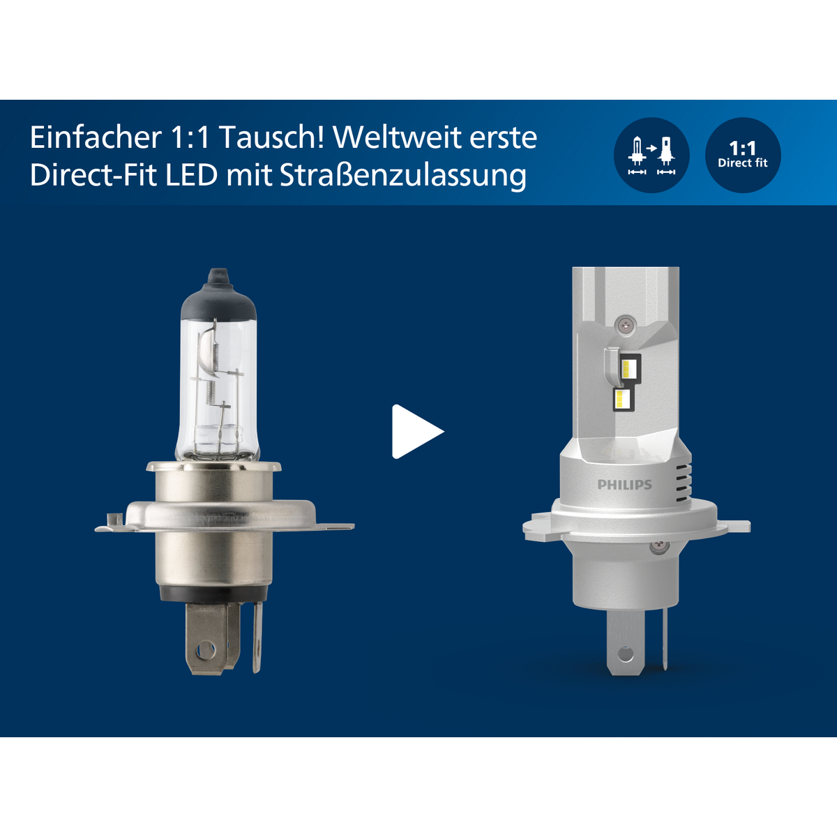 Vergleich einer Halogenlampe mit einer Philips LED-Lampe. Einfacher Tausch.