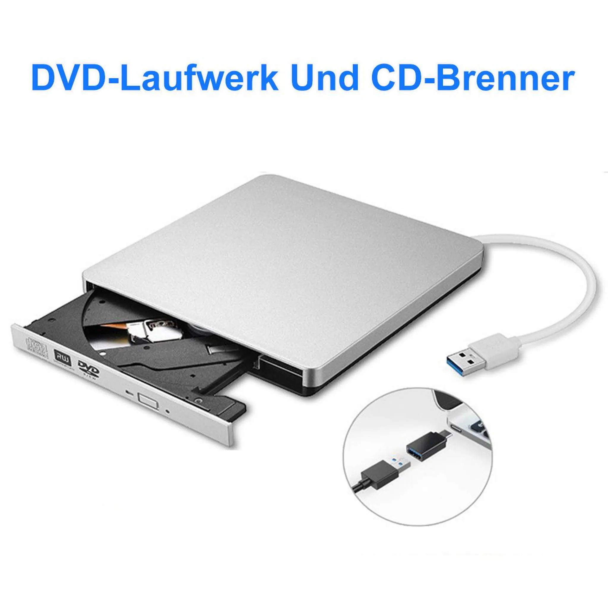Externes silbernes DVD-Laufwerk mit USB-Anschluss, Schublade geöffnet.