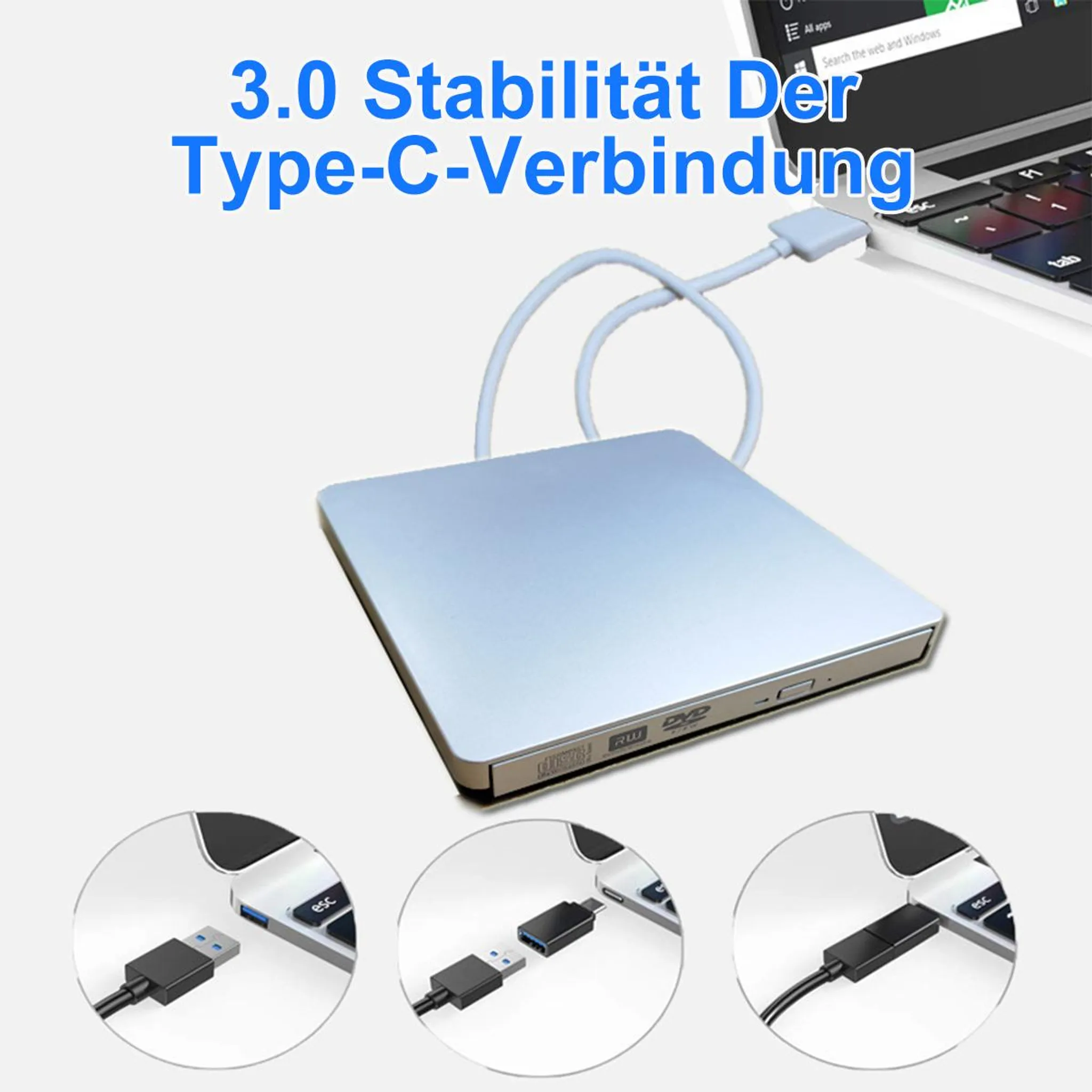 Silbernes externes DVD-Laufwerk, verbunden mit einem Laptop über USB-C.
