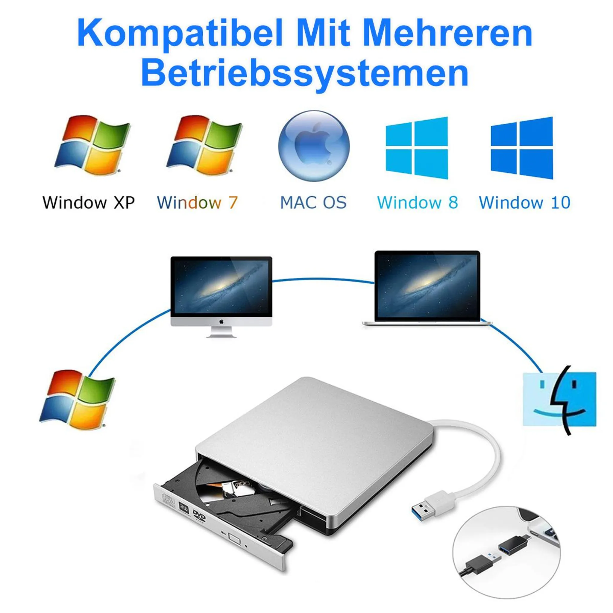 Externes DVD-Laufwerk kompatibel mit Windows XP/7/8/10 und Mac OS.
