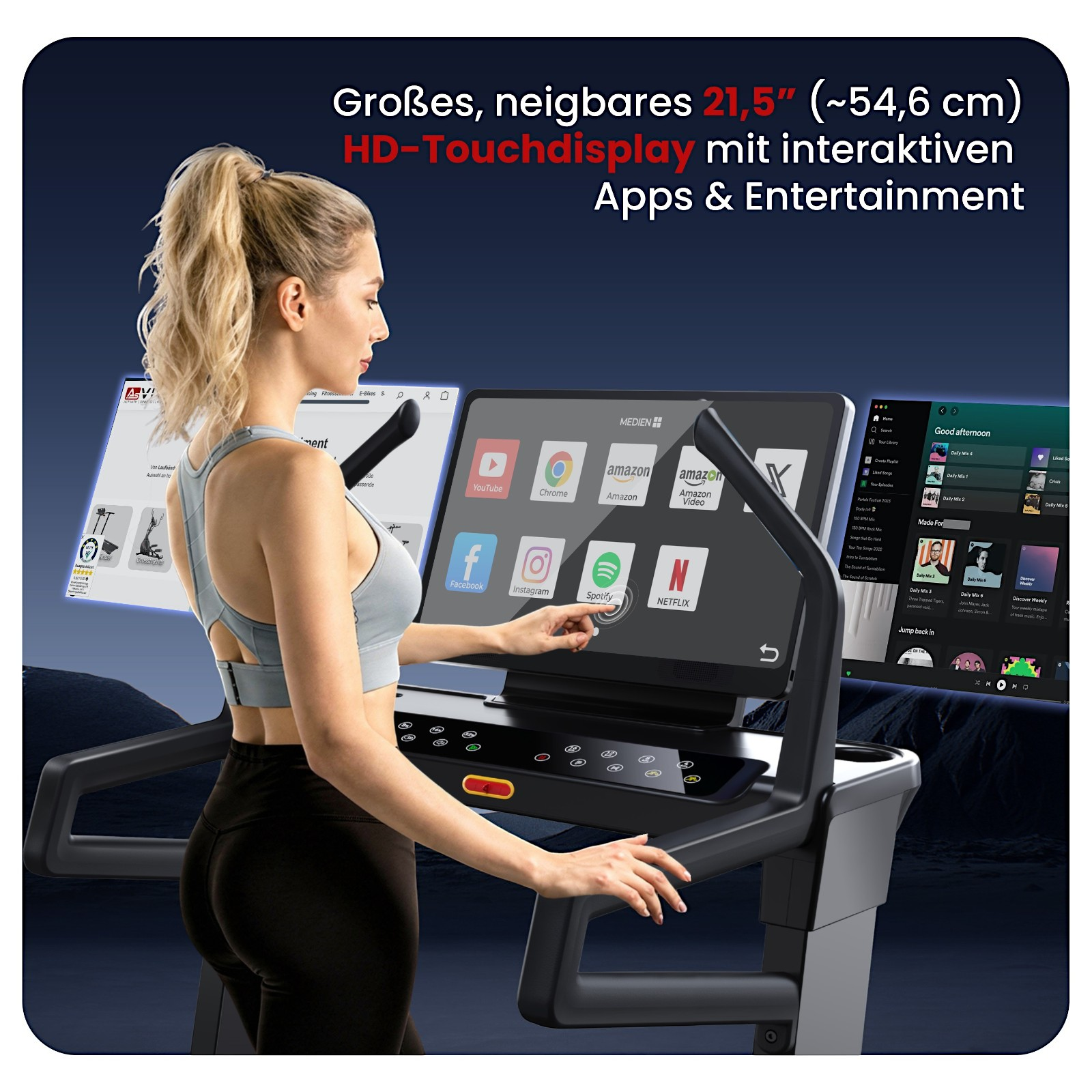 Frau auf Laufband mit großem HD-Touchdisplay, das Apps zeigt.