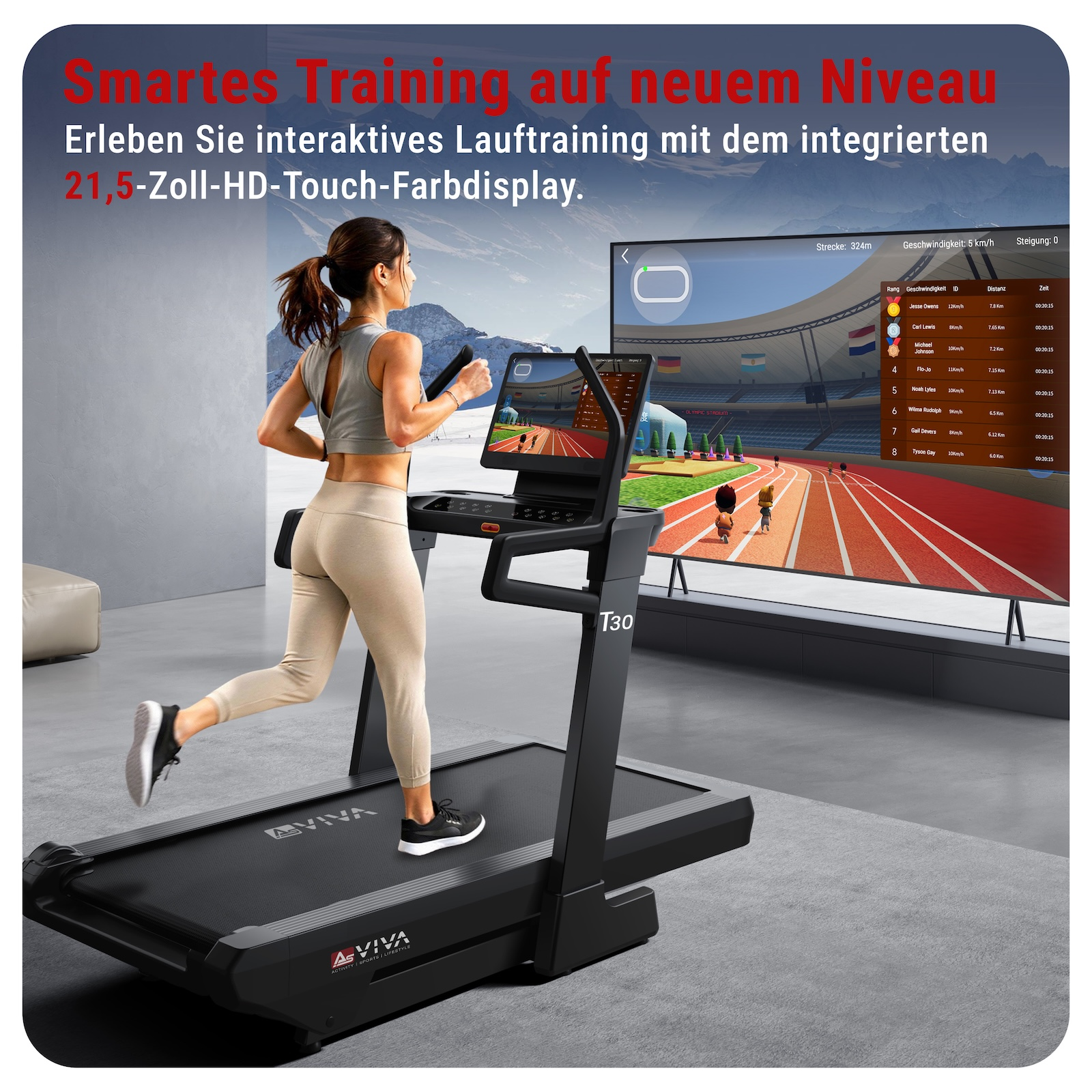 Frau auf Laufband mit 21,5-Zoll-Display, das ein virtuelles Rennen zeigt.
