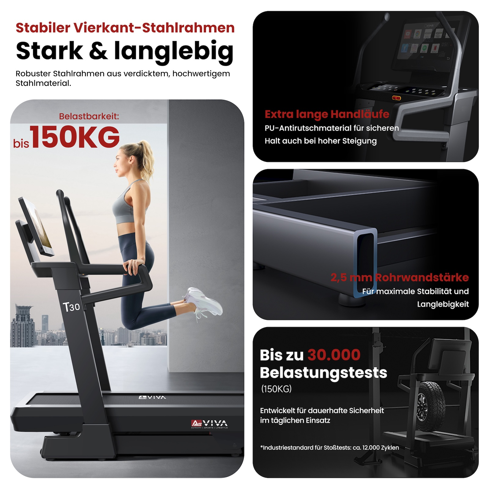 Stabiler Stahlrahmen-Laufband mit Frau, 150kg Belastbarkeit und Details.