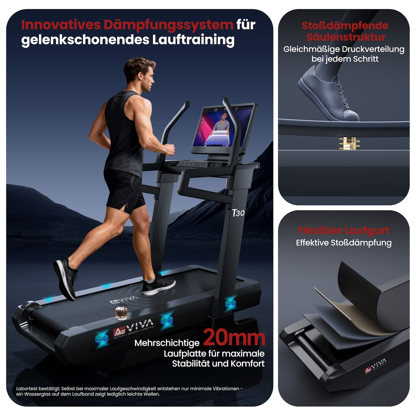 Mann auf Laufband mit Bildschirm. Details zu Stoßdämpfung und Laufplatte.