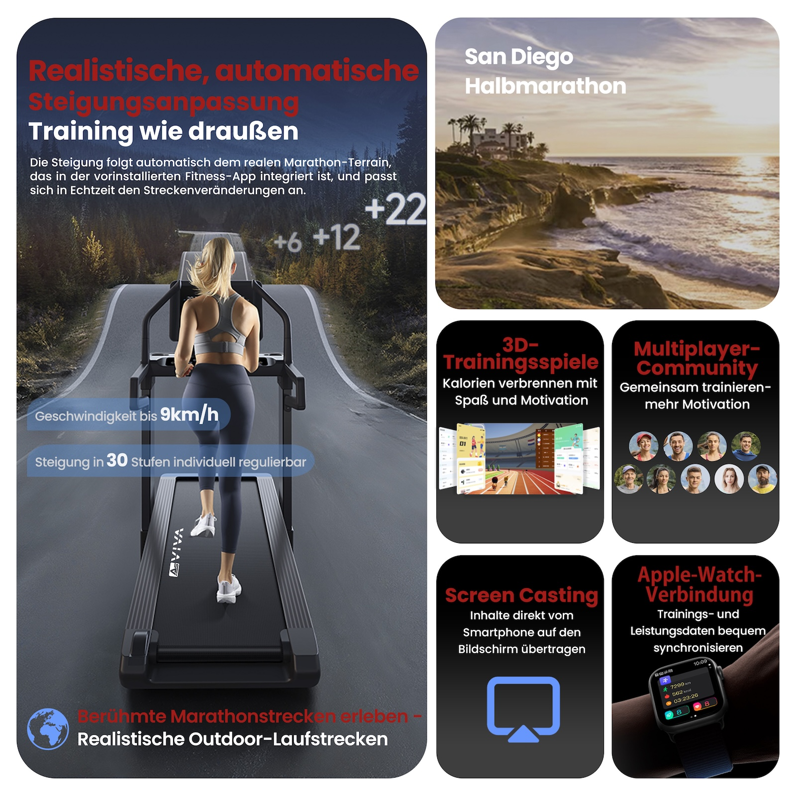 Frau auf Laufband mit Steigungsanpassung, San Diego Halbmarathon, 3D-Spiele, Community, Screen Casting, Apple Watch.