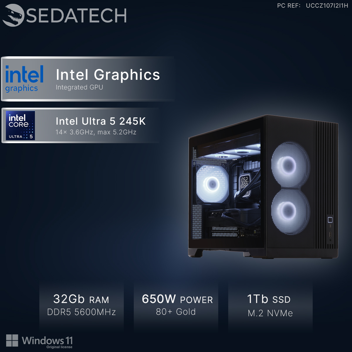 Un tower PC nero con ventole RGB, con processore Intel Ultra 5. Specifiche elencate sullo schermo.