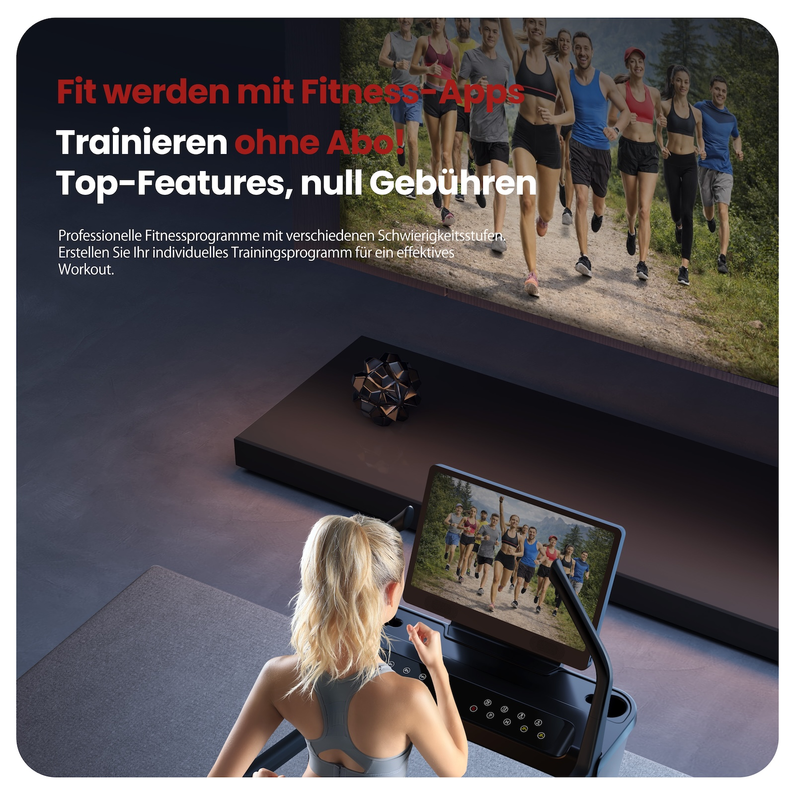 Frau auf Laufband blickt auf Bildschirm mit laufenden Menschen. Fitness-App.