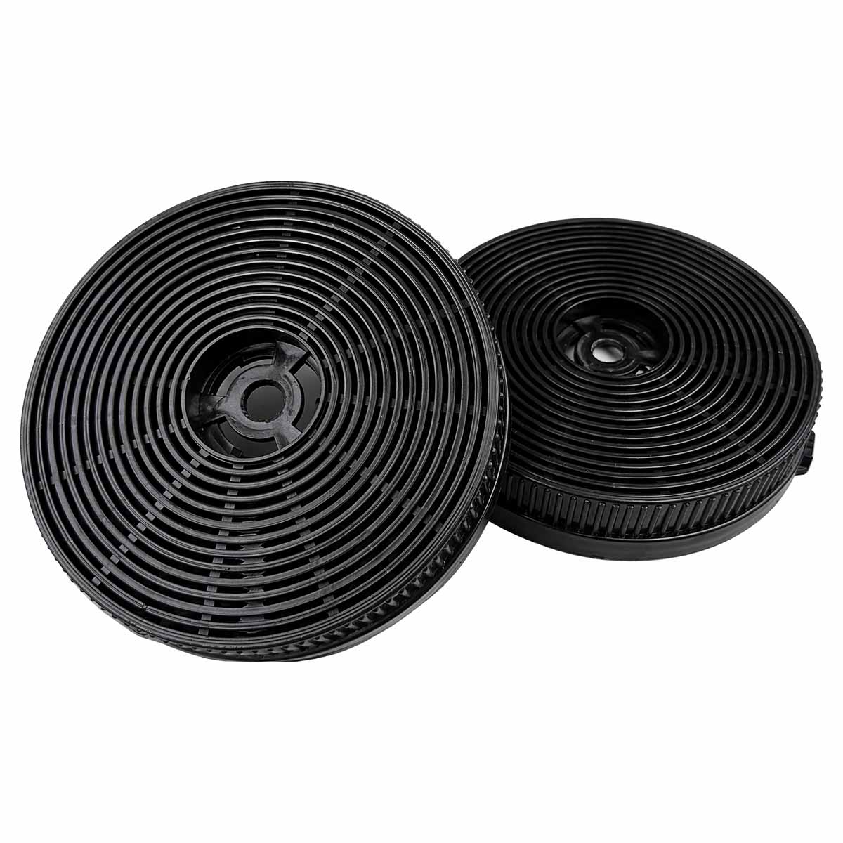 Zwei schwarze Aktivkohlefilter in runder Form mit sichtbaren Lamellen.