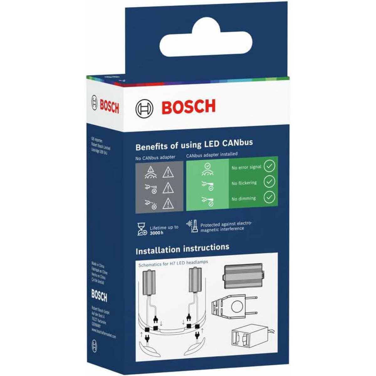 Bosch LED CANbus Adapter Verpackung mit Installationsschema.