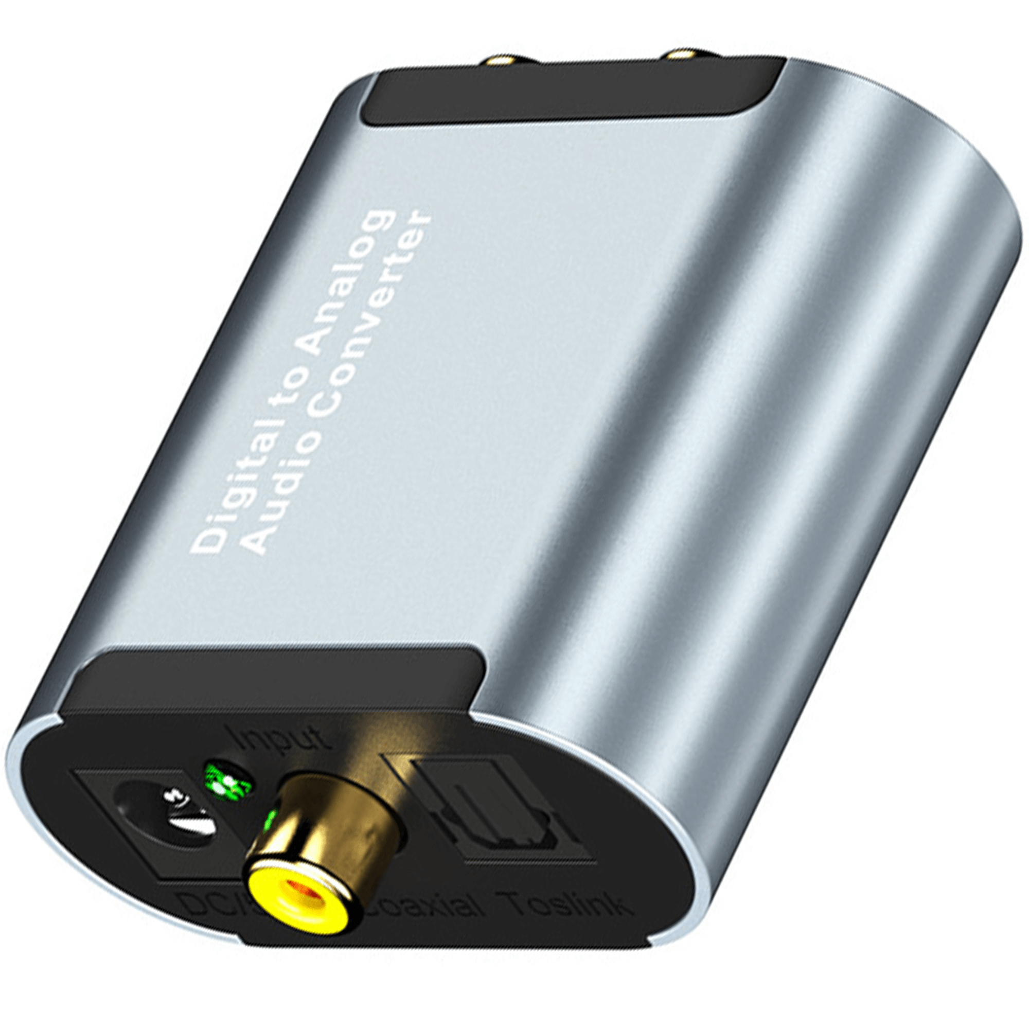 Convertidor de audio plateado con entradas Toslink, coaxial y CC.