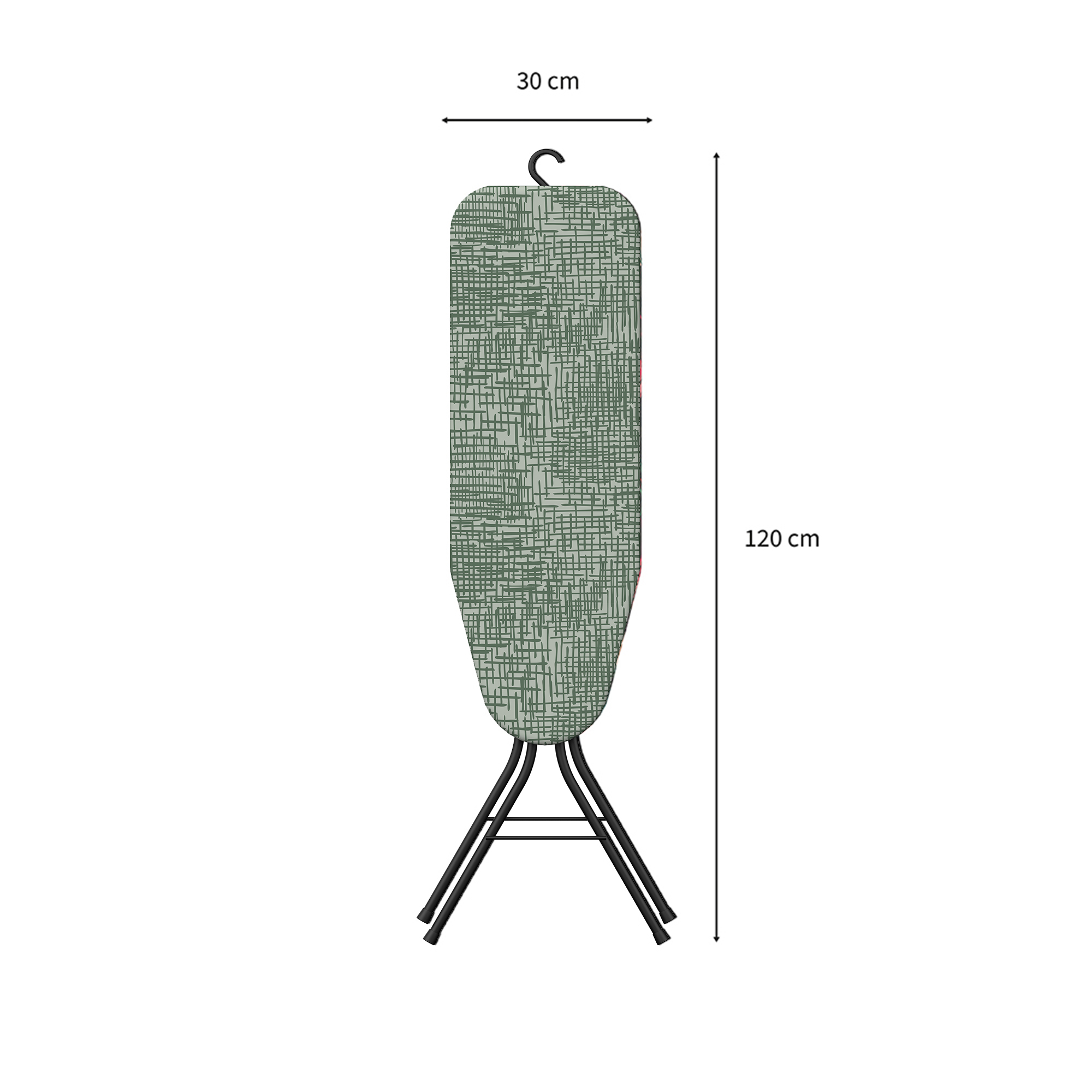Grüne Bügelbrettabdeckung mit Muster, 120 cm hoch, 30 cm breit.
