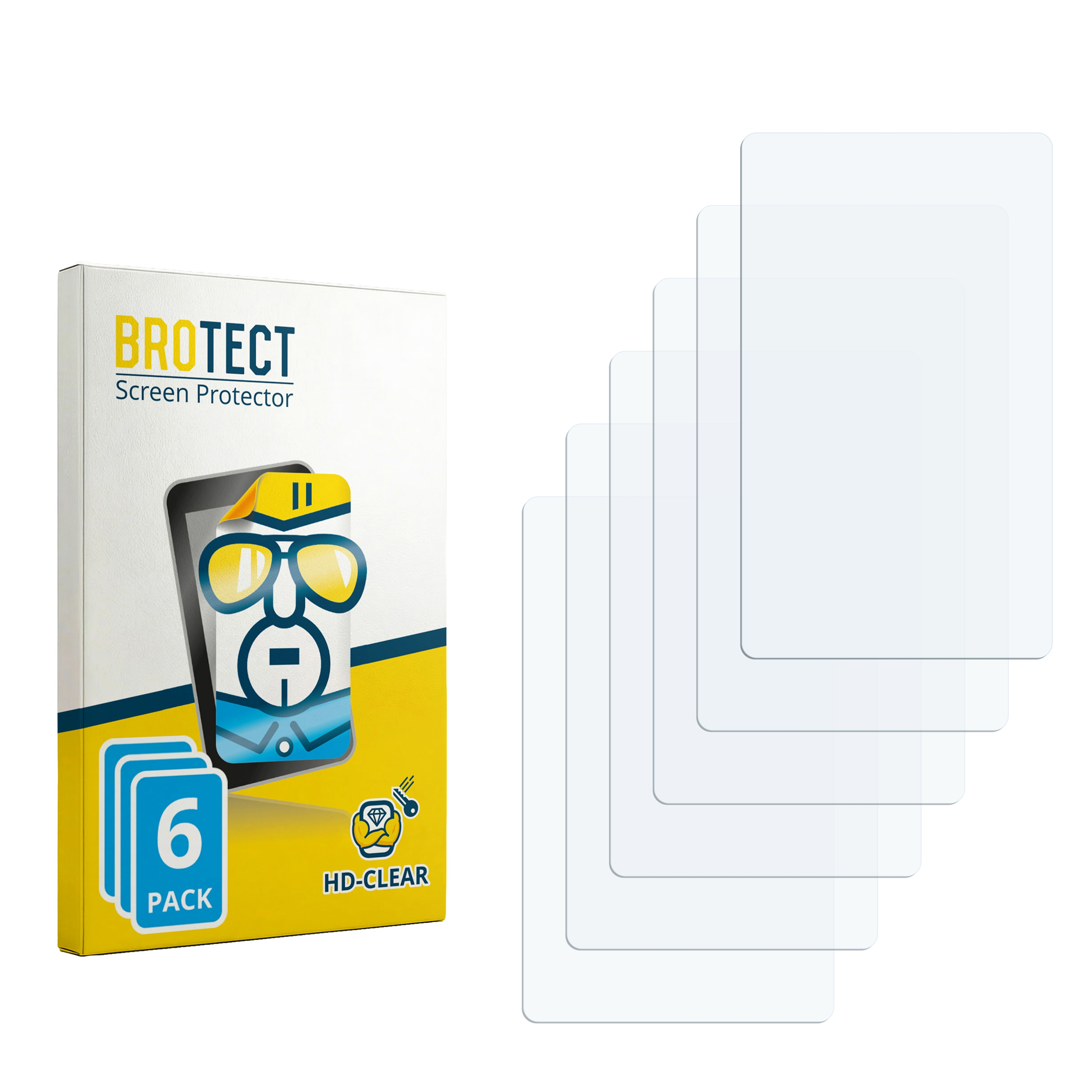 Verpackung mit 6 "BROTECT" Displayschutzfolien und mehreren transparenten Folien.
