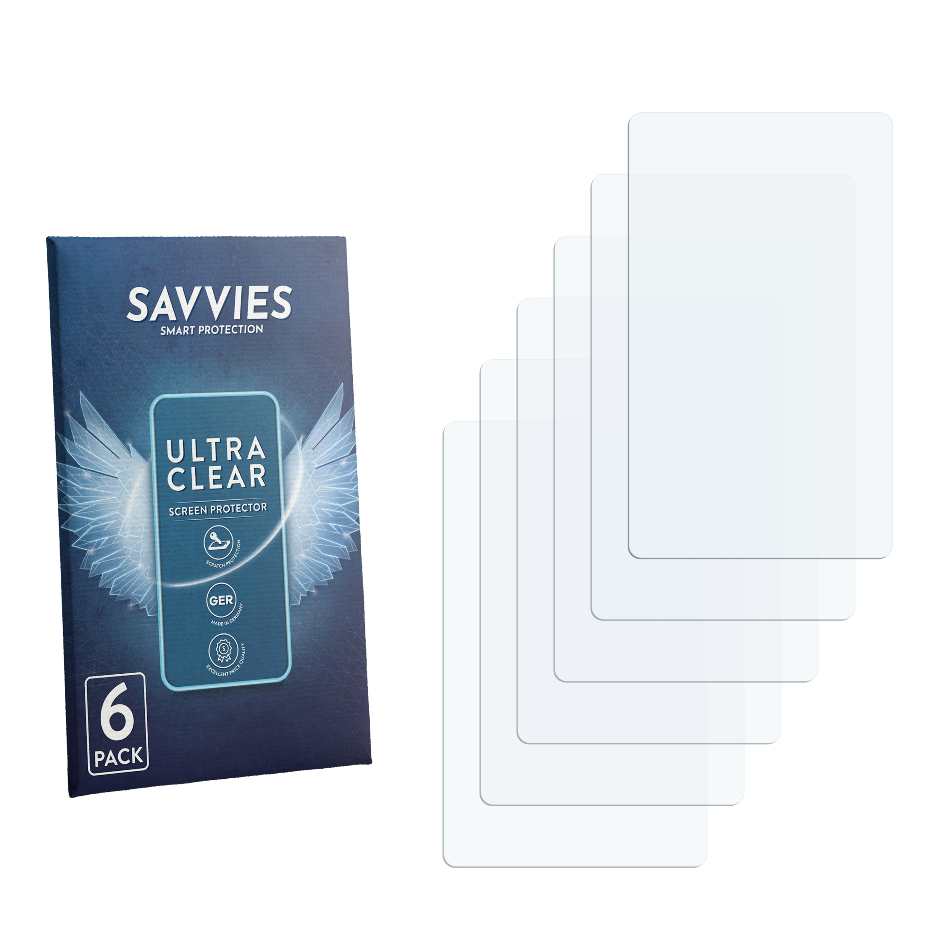 Verpackung mit 6 Stück Savvies Displayschutzfolien, klar und ultra.