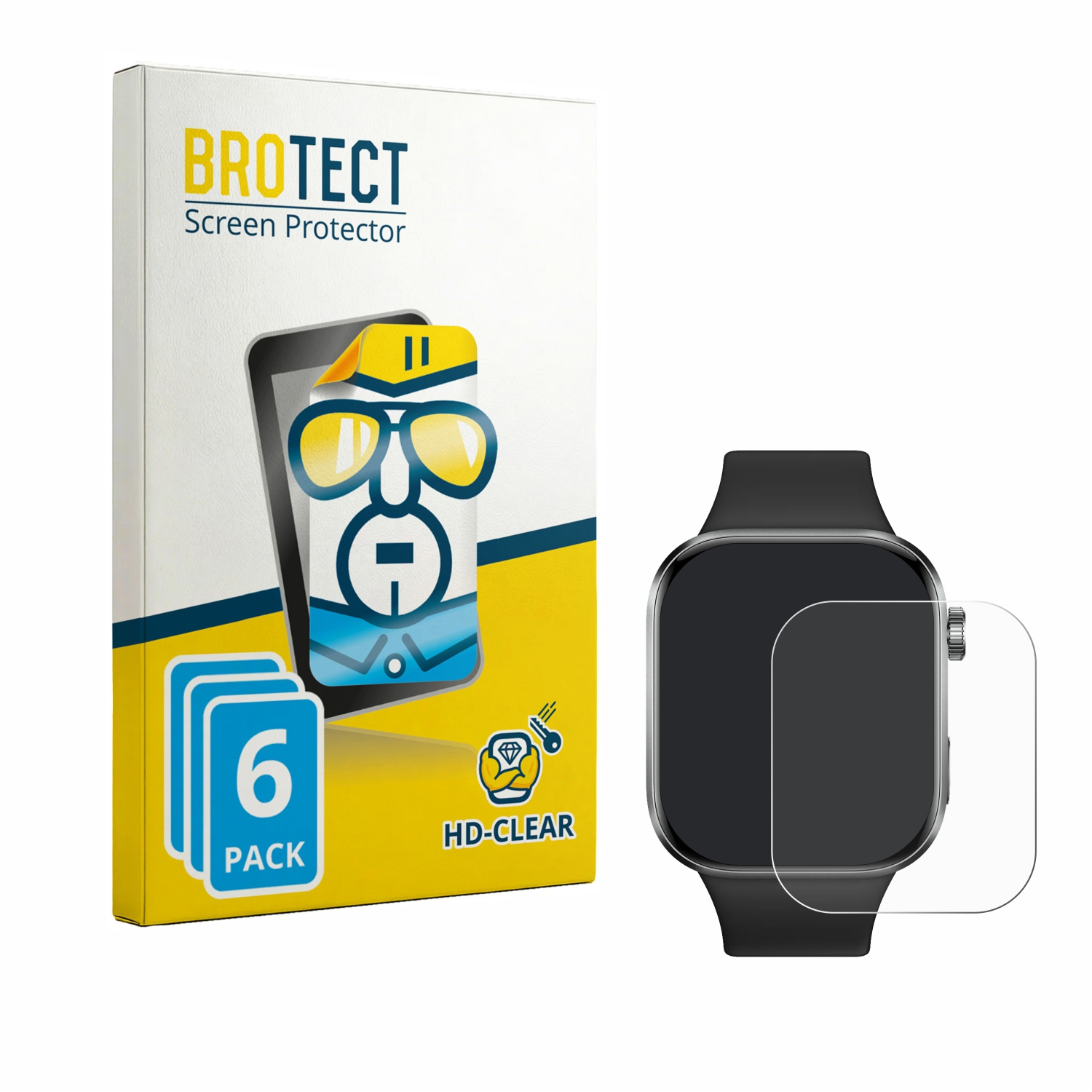 Verpackung für Displayschutzfolie neben einer Smartwatch mit angelegter Folie.