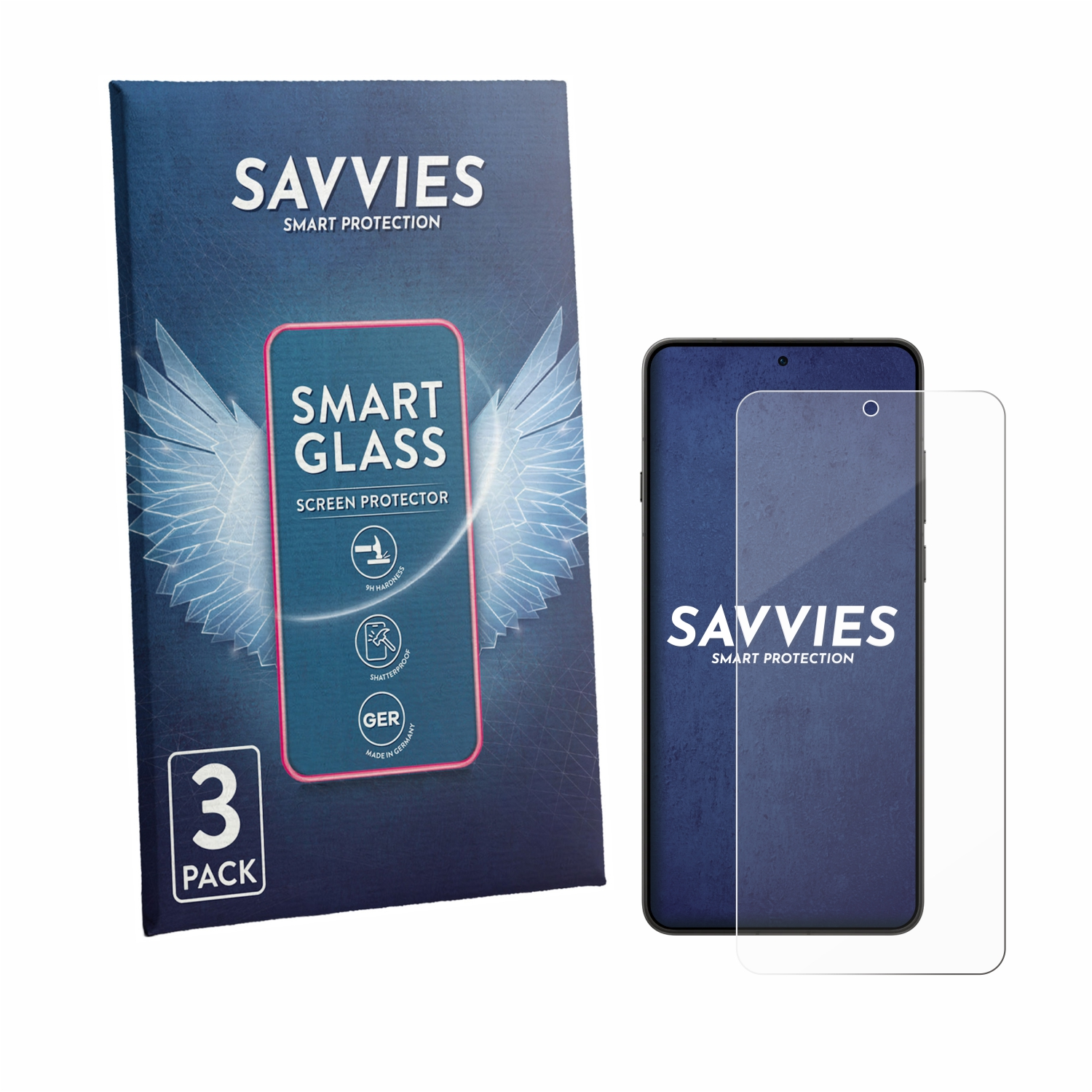 Savvies 3er-Pack Smart Glass Displayschutzfolie neben einem Smartphone.