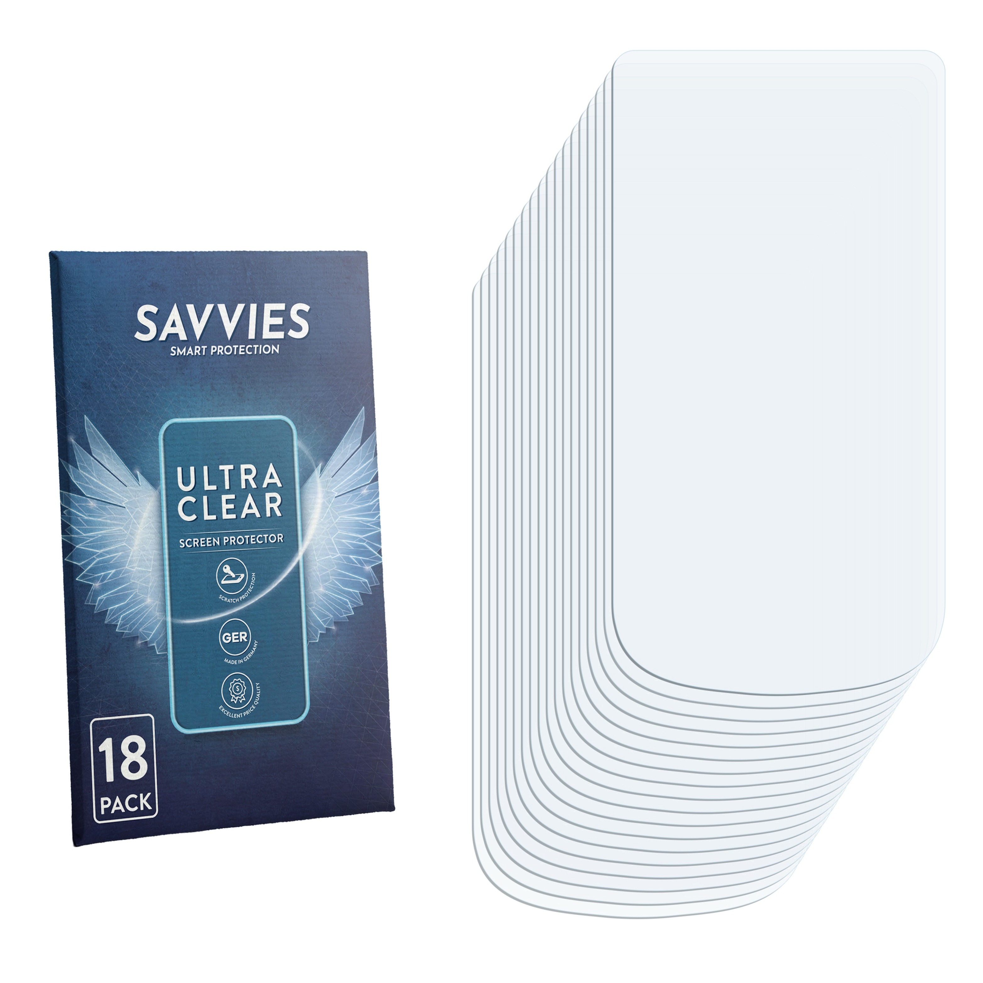 Eine Packung mit 18 Savvies Displayschutzfolien im Ultra Clear Design.