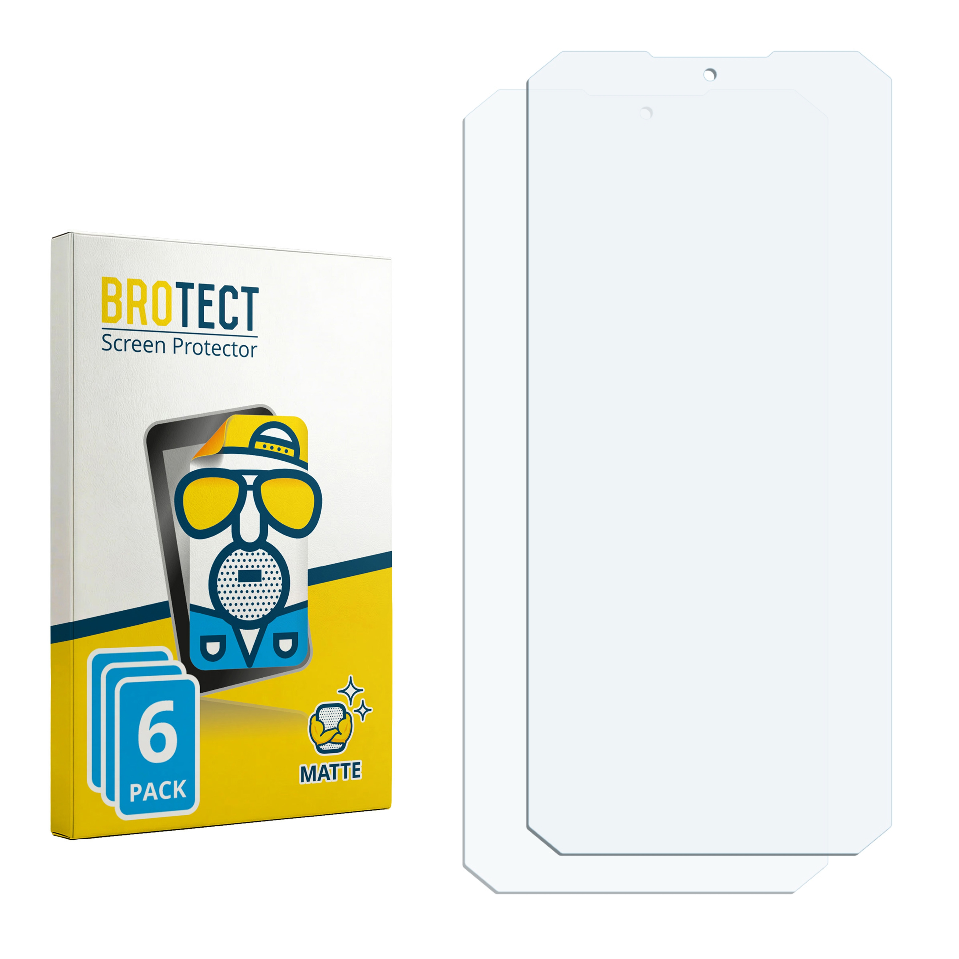 Packung mit 6 matten Displayschutzfolien mit Comic-Figur und Handy-Grafik.