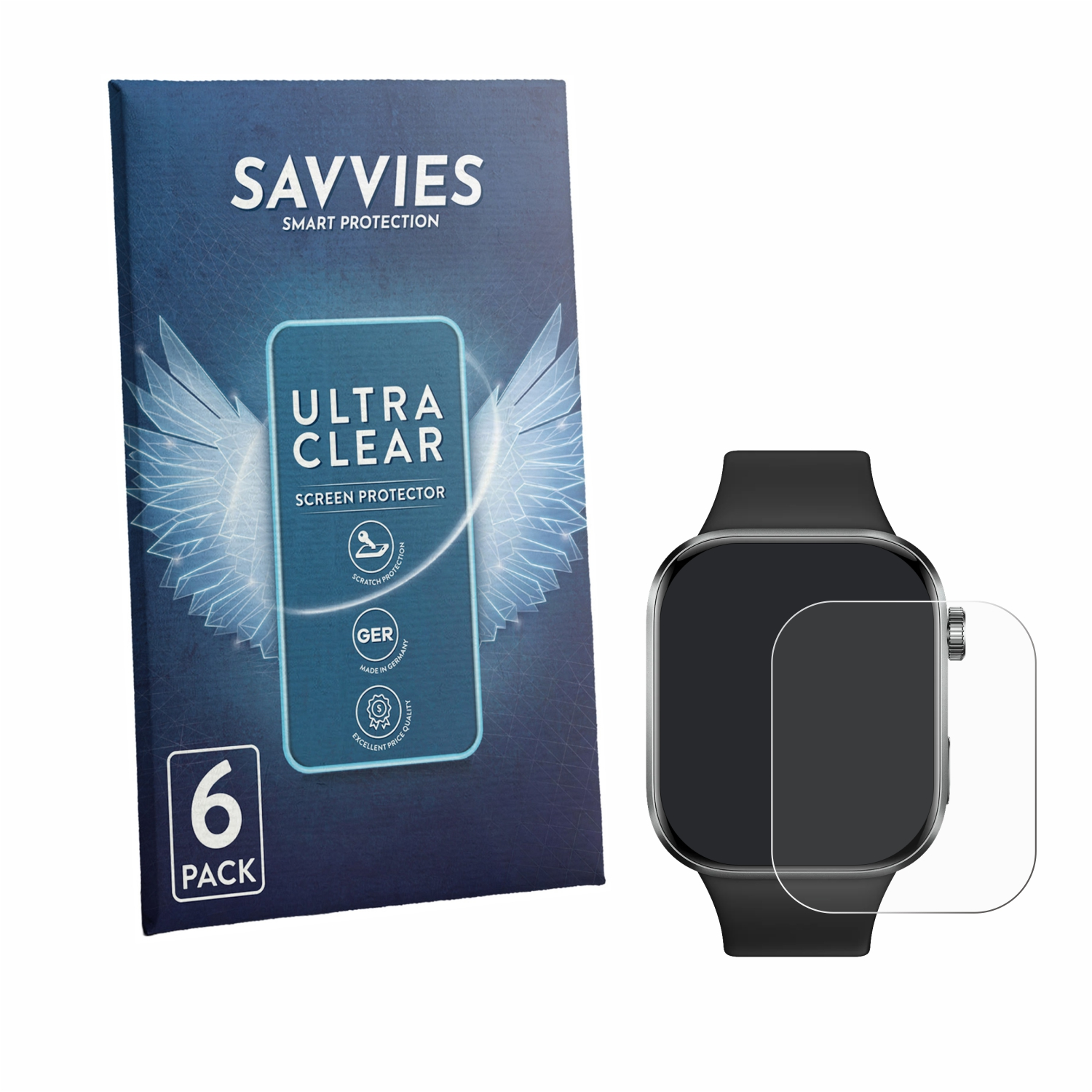 Verpackung für Savvies Displayschutzfolien und eine Smartwatch mit angelegter Folie.