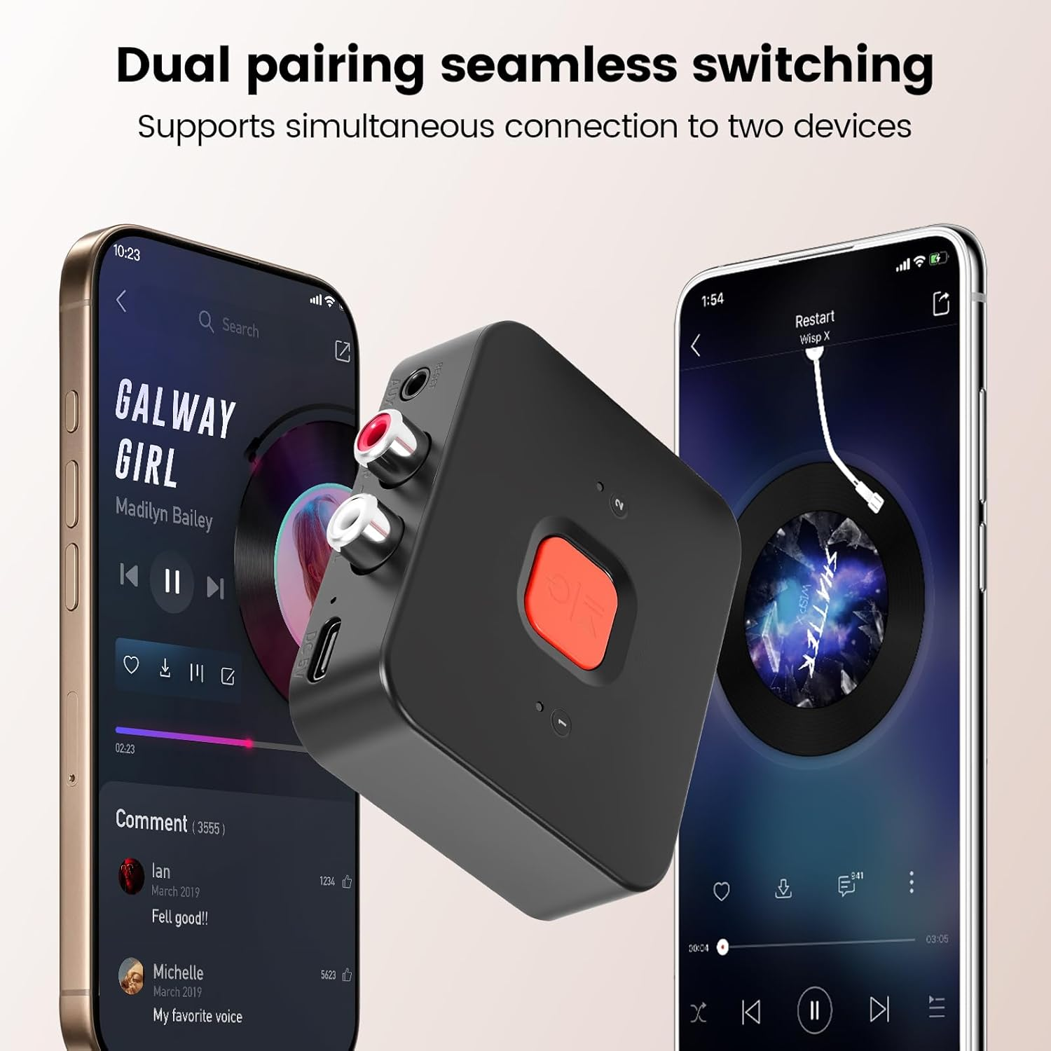 Ein schwarzes Gerät verbindet zwei Smartphones, die Musikwiedergabe zeigen.