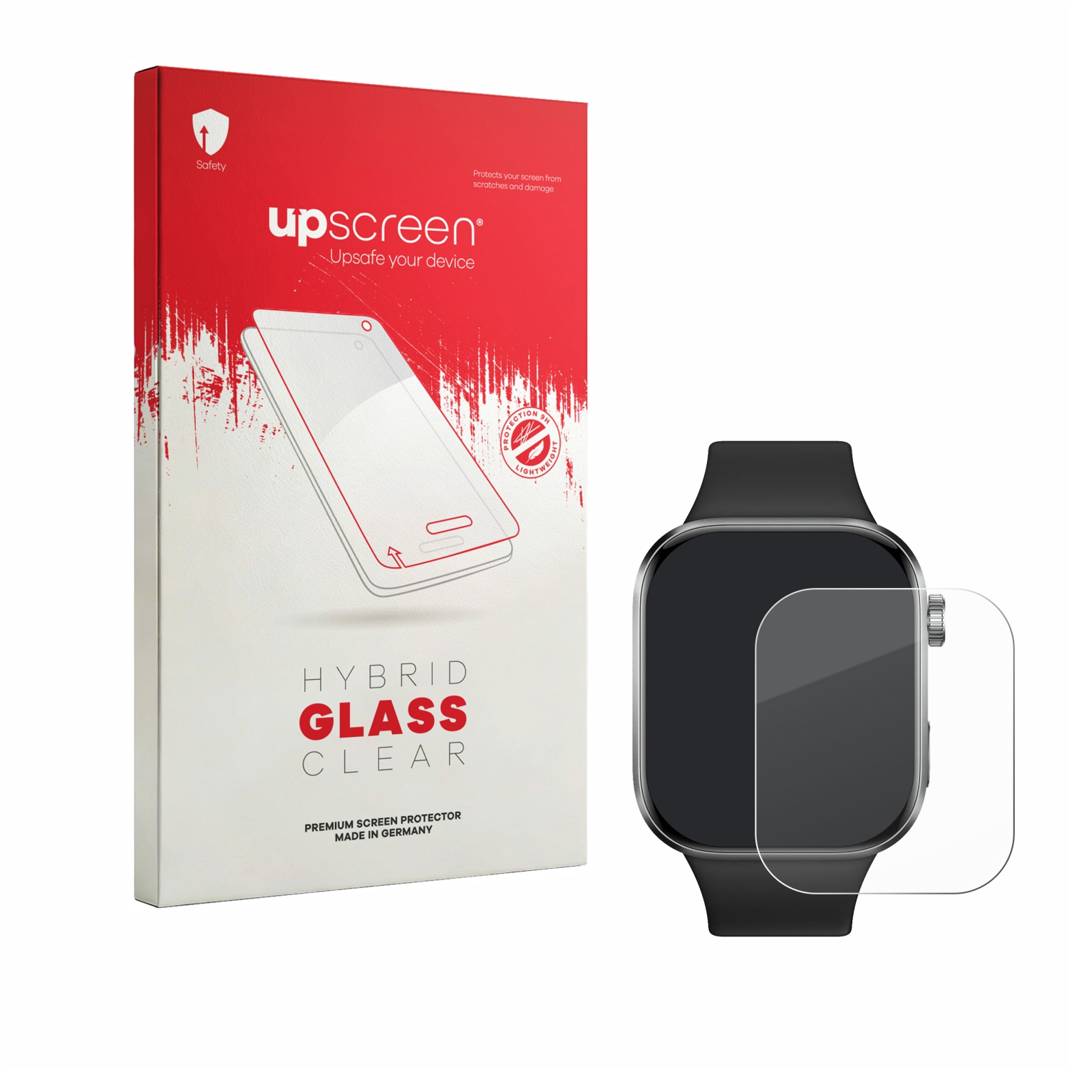 Verpackung für Displayschutzfolie neben einer Smartwatch mit aufgesetzter Folie.