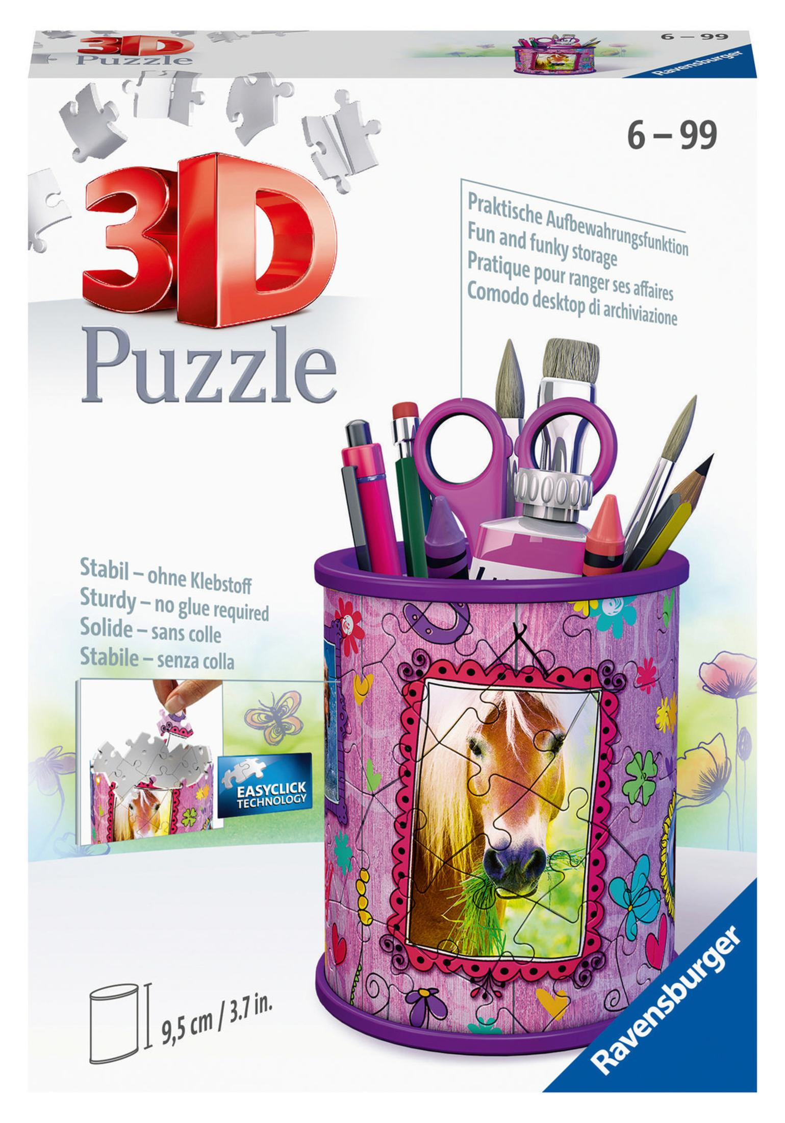 3D Puzzle mit Pferdebild, Stiftehalter und Bastelmaterialien.
