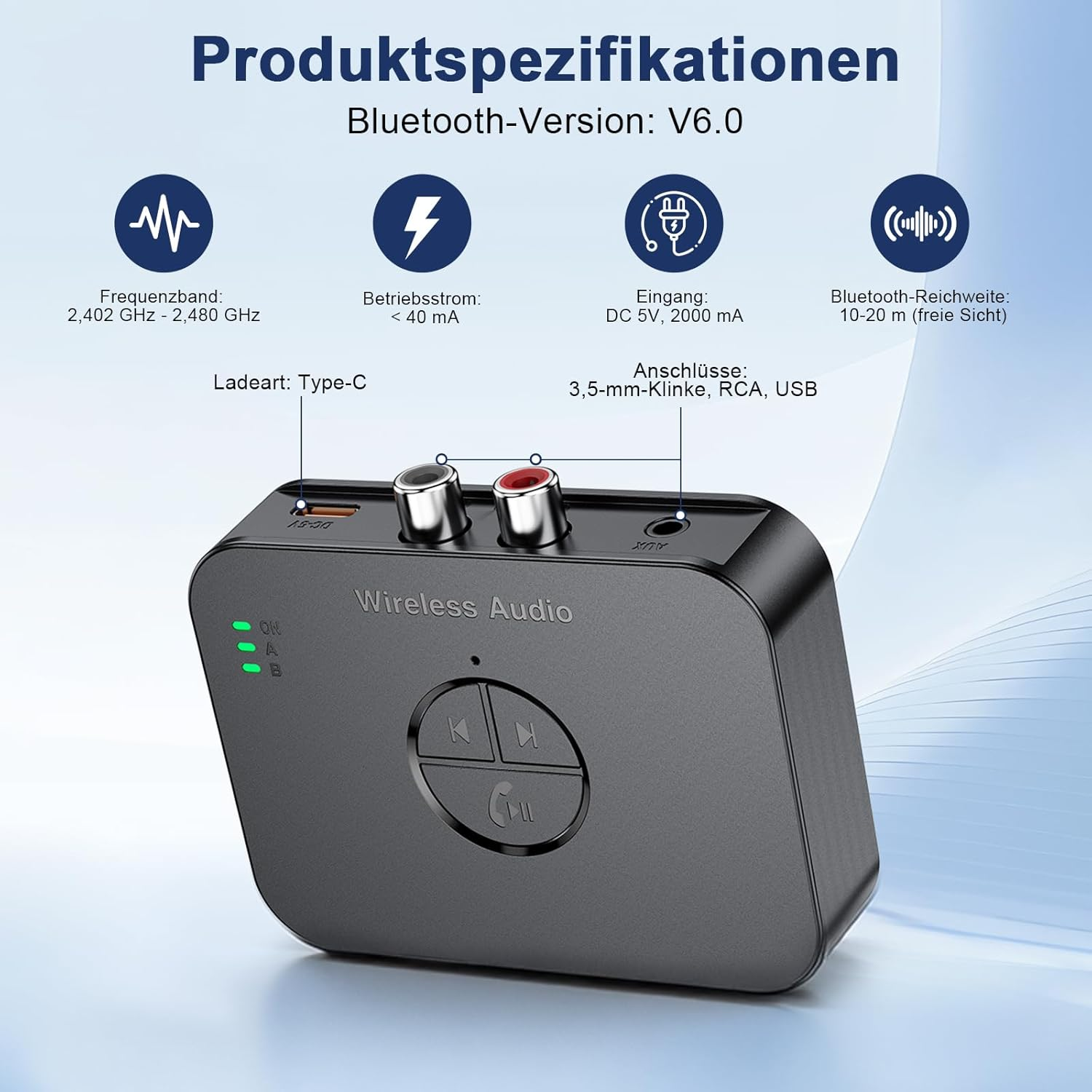 Schwarzer Bluetooth-Audioempfänger mit Anschlüssen und Bedienelementen.