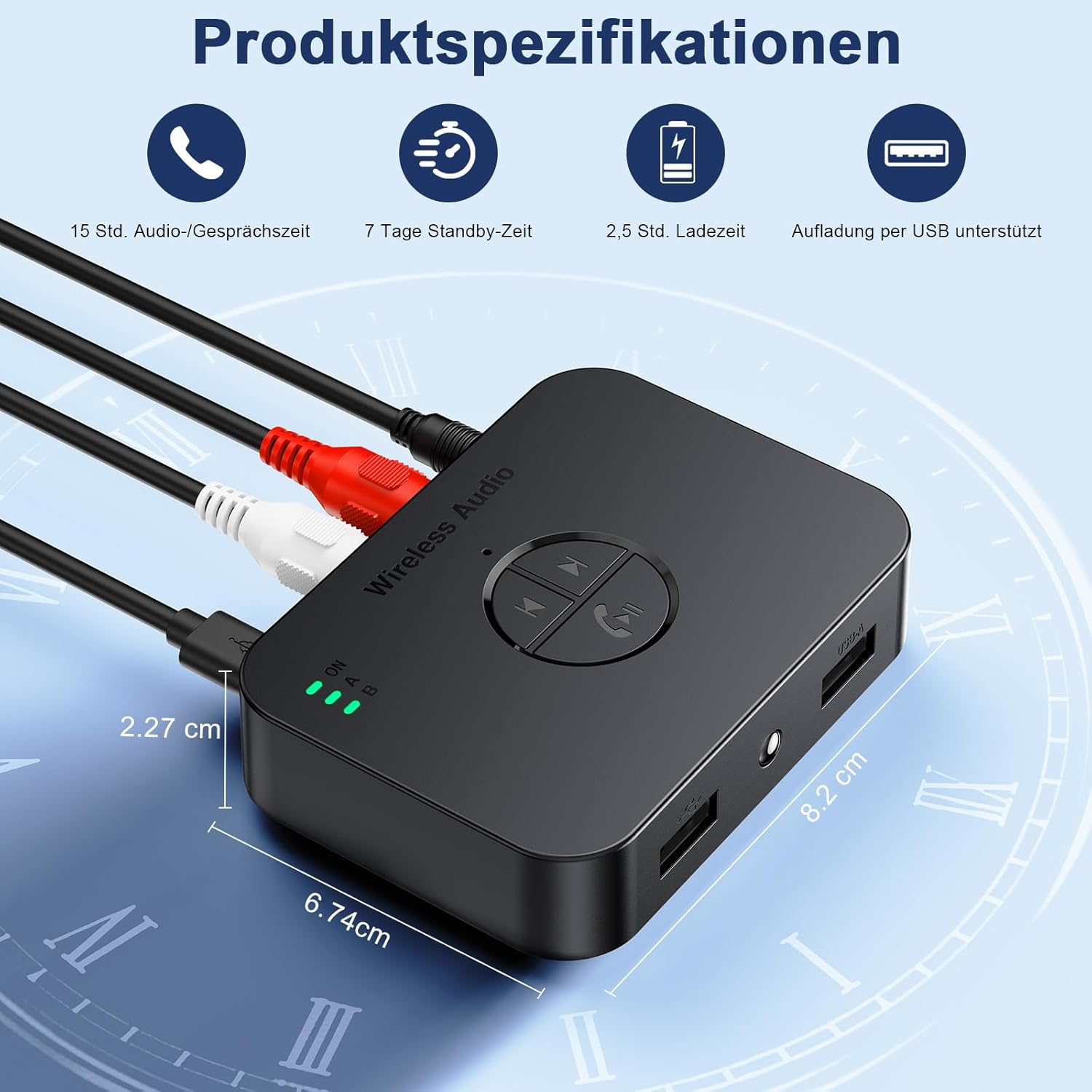 Schwarzer Audio-Empfänger mit Kabeln und Spezifikationen: 15h Akku, 7 Tage Standby, 2,5h Ladezeit.