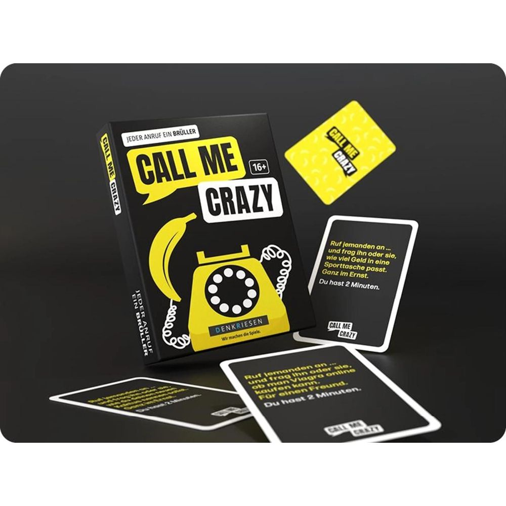 Das Spiel "Call Me Crazy" mit gelber Telefon-Grafik und Spielkarten.