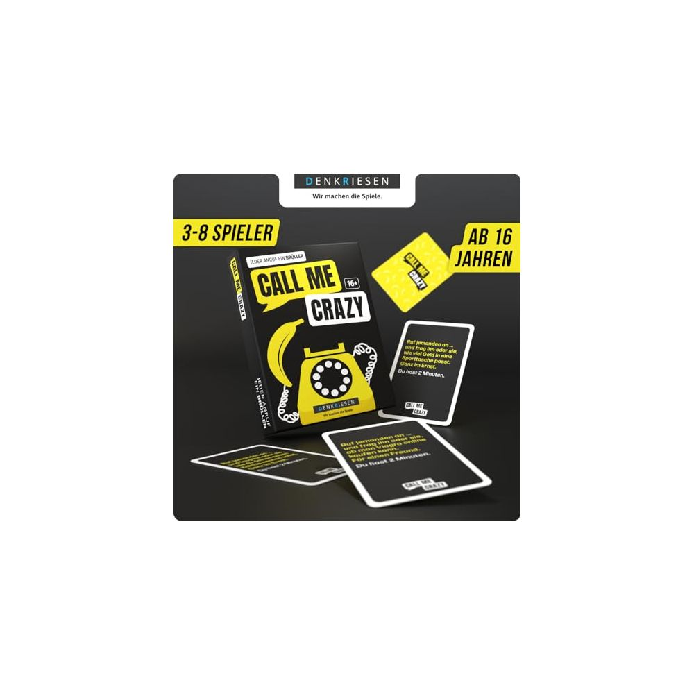Spielverpackung "Call Me Crazy" für 3-8 Spieler, ab 16. Grafik: gelbes Telefon & Banane.