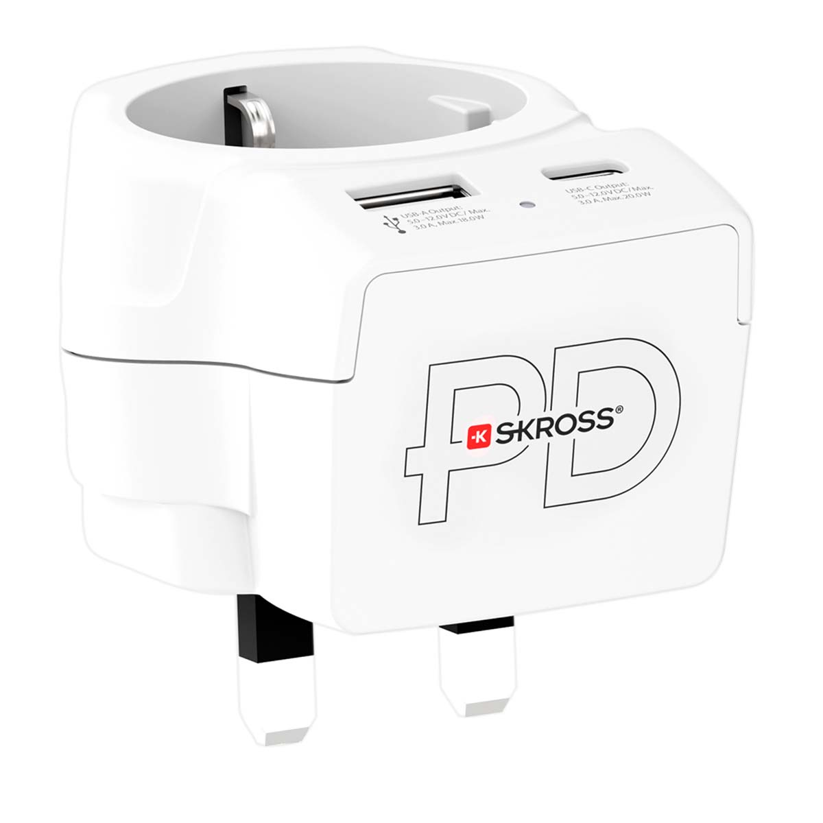 Adattatore da viaggio bianco con porte USB-A e USB-C e spina.