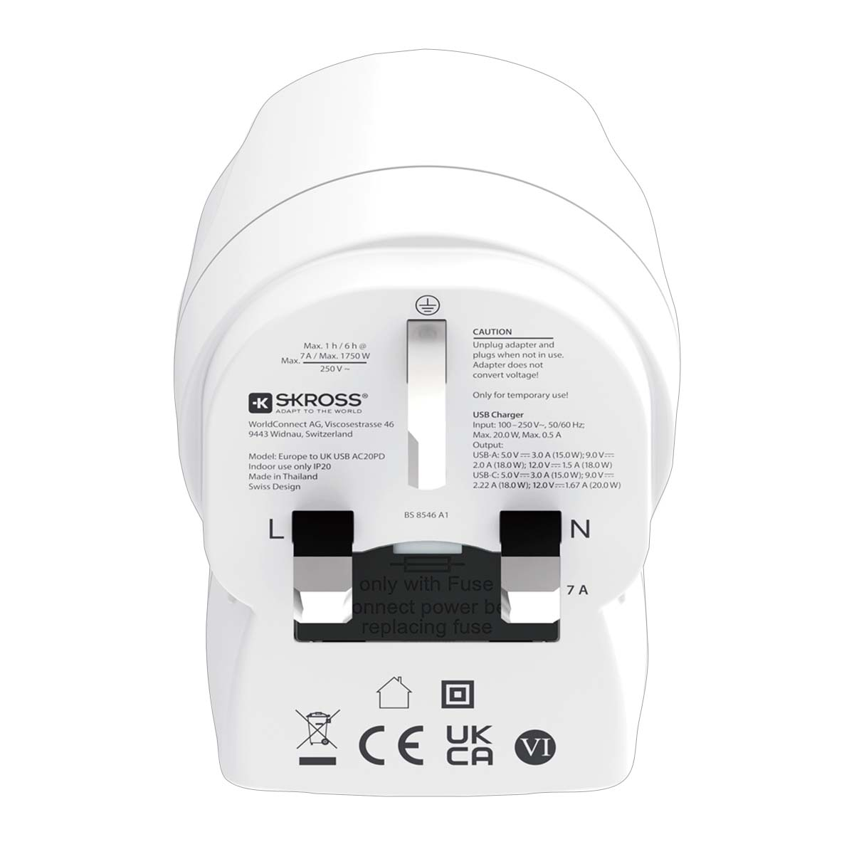 Adattatore da viaggio bianco con porte USB ed etichette di avvertenza.