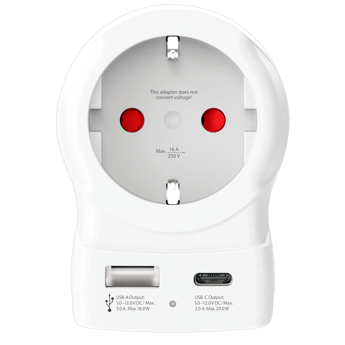 Adattatore da viaggio bianco con presa UE, porte USB-A e USB-C.