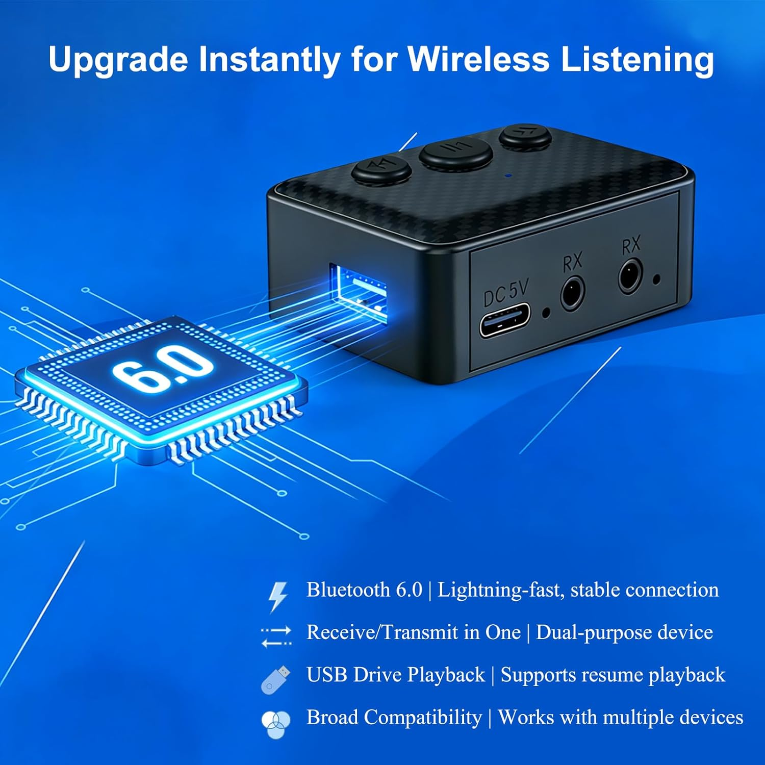 Ein schwarzer Bluetooth 6.0 Empfänger/Sender mit Chip und Anschlüssen.