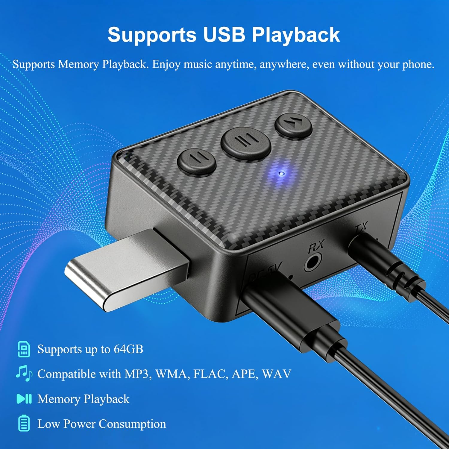 Ein schwarzer USB-Wiedergabegerät mit Tasten und angeschlossenen Kabeln.