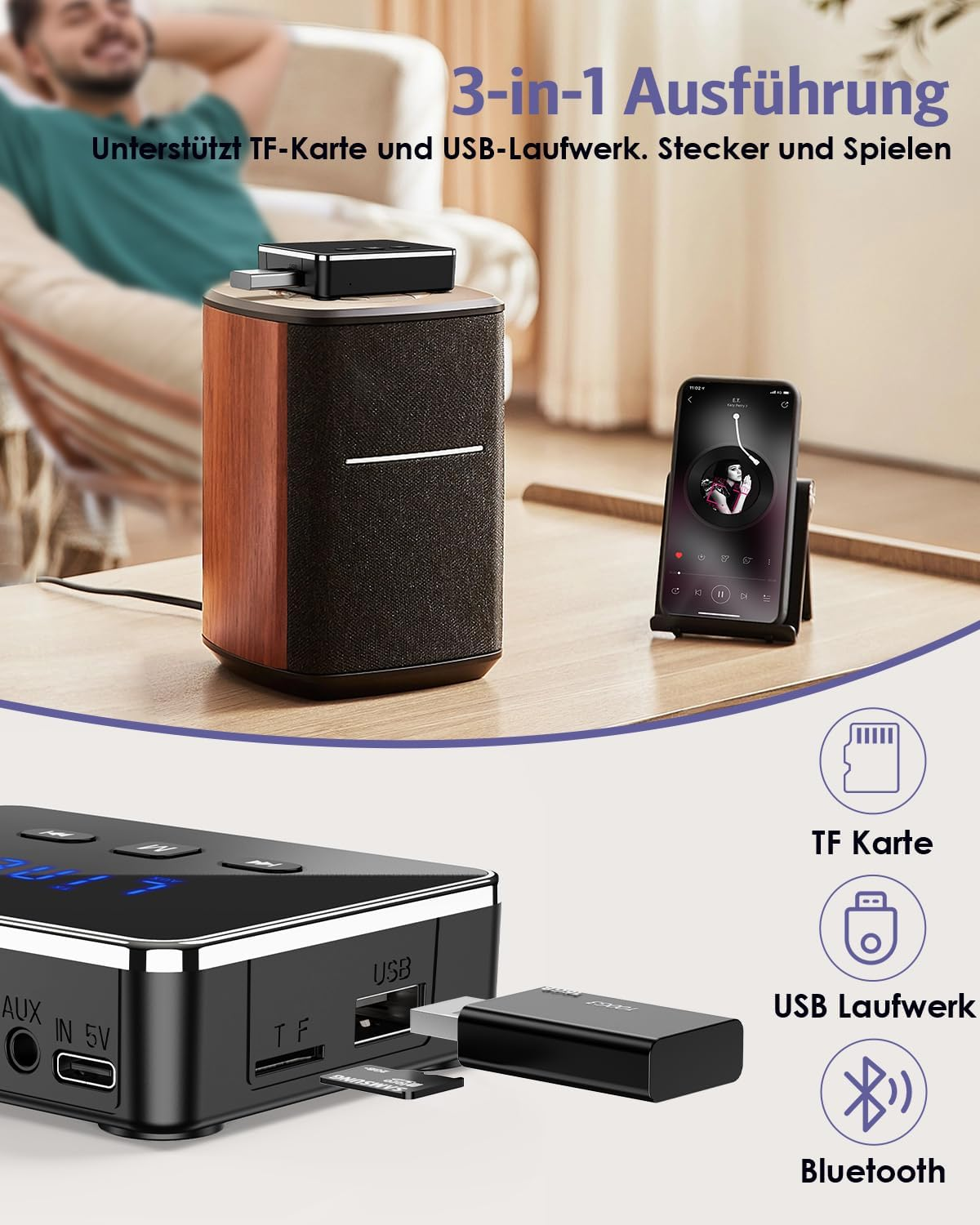 Ein Lautsprecher mit USB-Stick, TF-Karte und Smartphone.