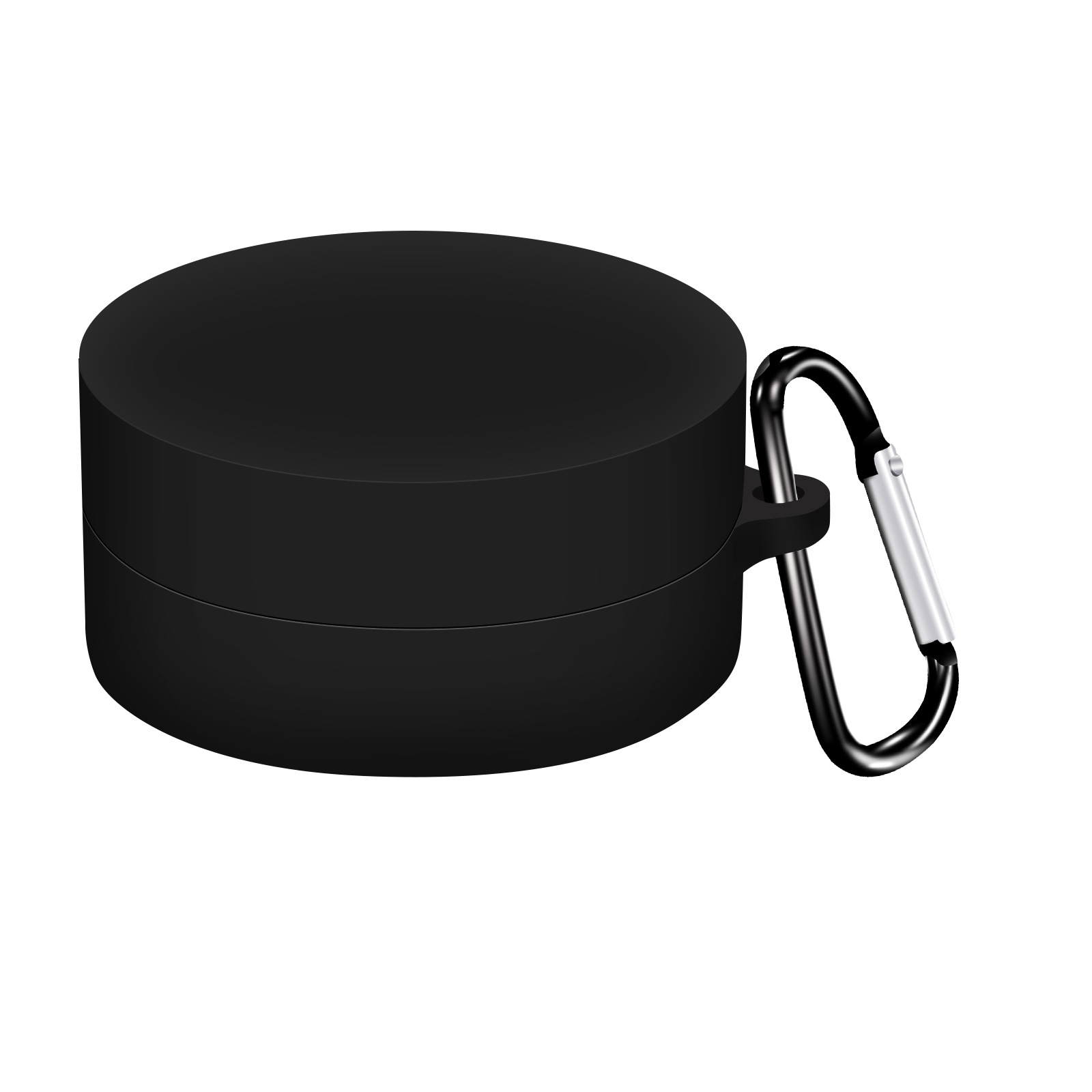 Schwarzes, rundes Etui mit Karabinerhaken.