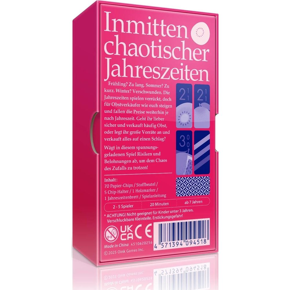 Spielverpackung mit Titel 'Inmitten chaotischer Jahreszeiten'. Enthält Spielregeln.