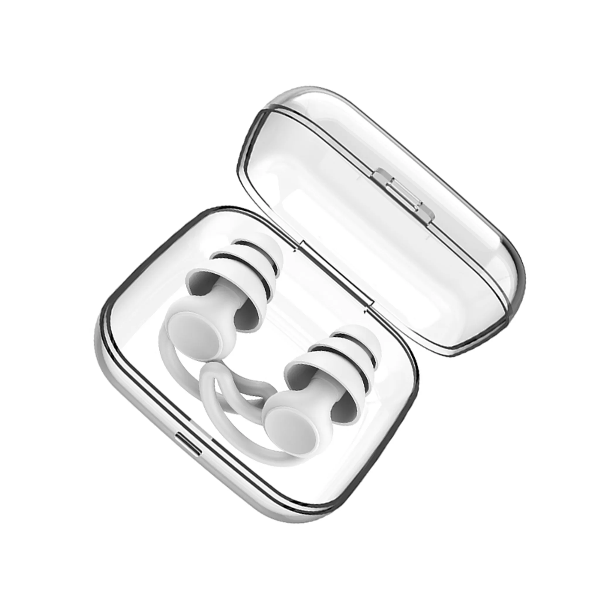 Weiße Ohrstöpsel mit durchsichtigem Etui. Die Ohrstöpsel haben ein geripptes Design.