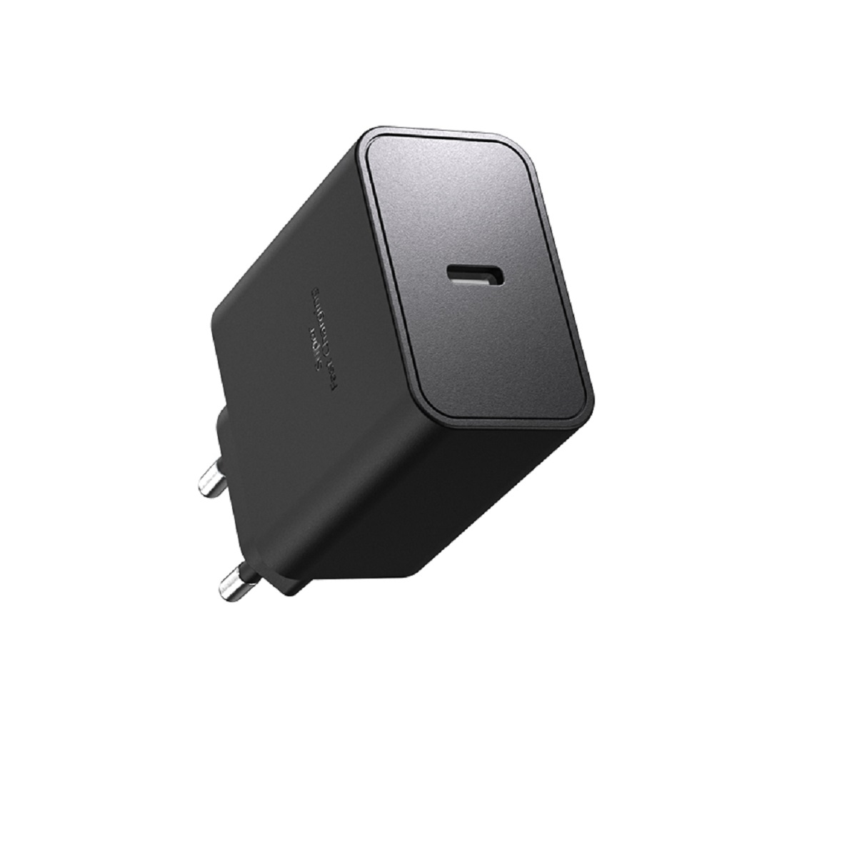 Ein schwarzes Ladegerät mit USB-C-Anschluss und zwei Stiften.