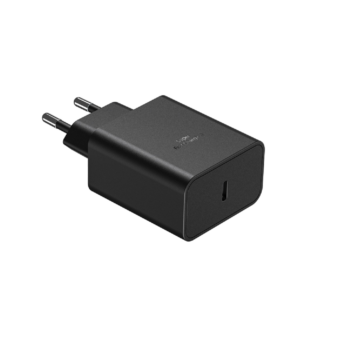 Schwarzes Ladegerät mit zwei Stiften und USB-C-Anschluss, beschriftet mit 'Super Fast Charging'.
