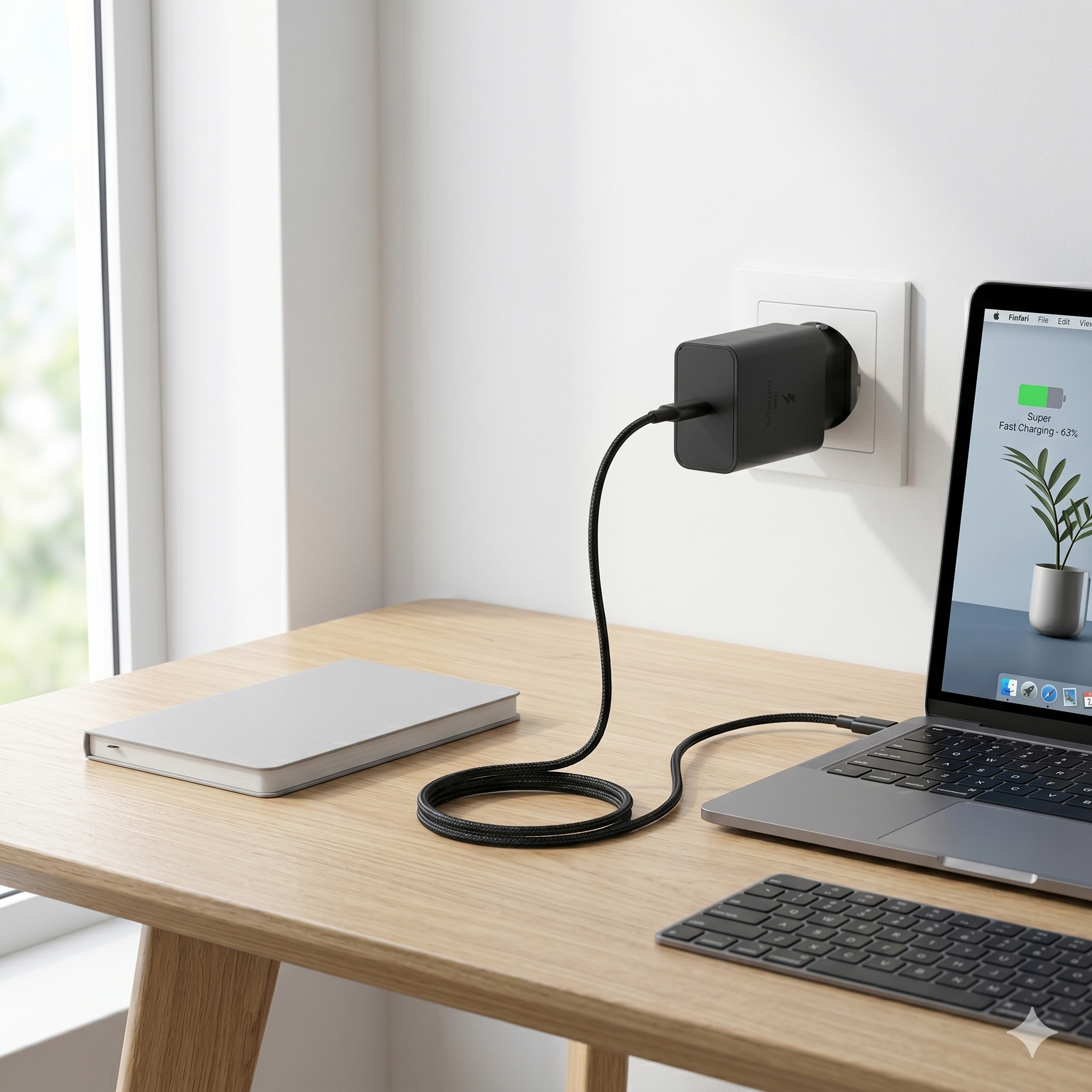Ein schwarzes Ladegerät lädt einen Laptop auf einem Schreibtisch.