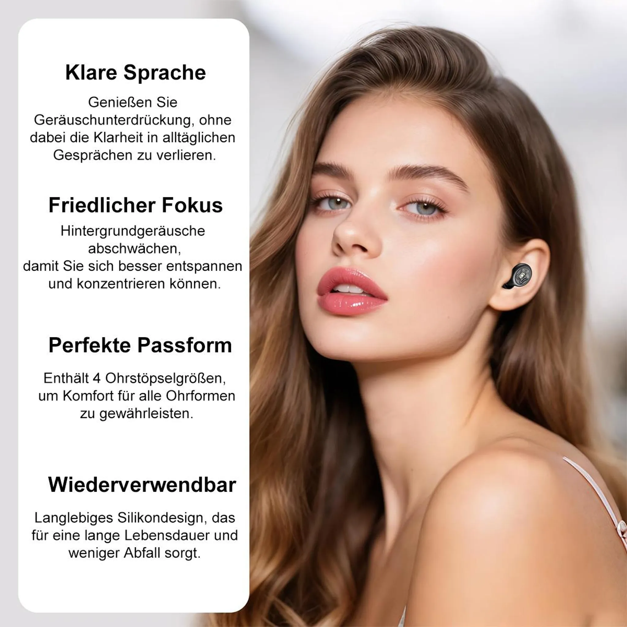 Nahaufnahme einer Frau, die Kopfhörer trägt. Text auf Deutsch.