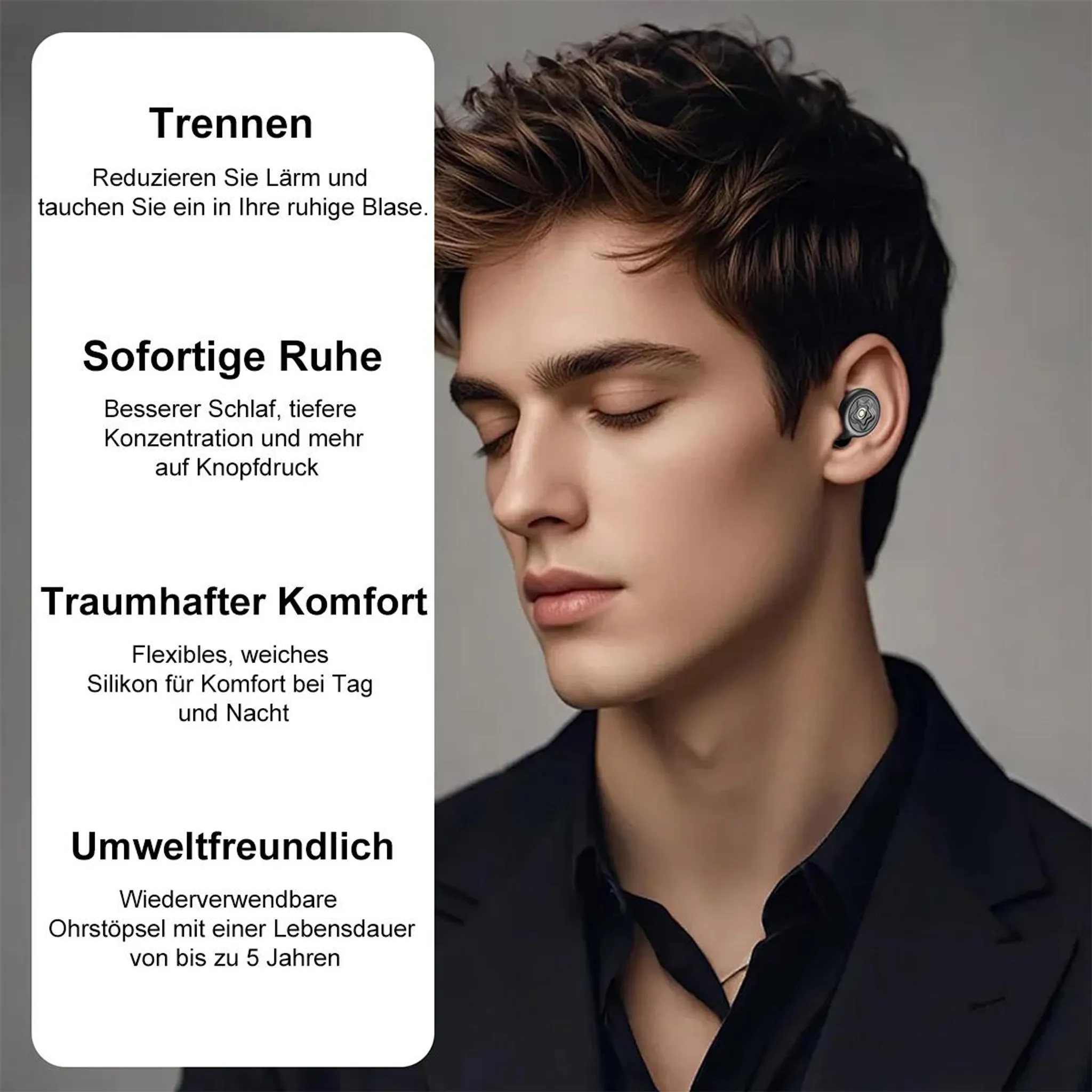 Ein Mann mit Ohrstöpseln im Ohr, daneben Text zu Lärmreduzierung.