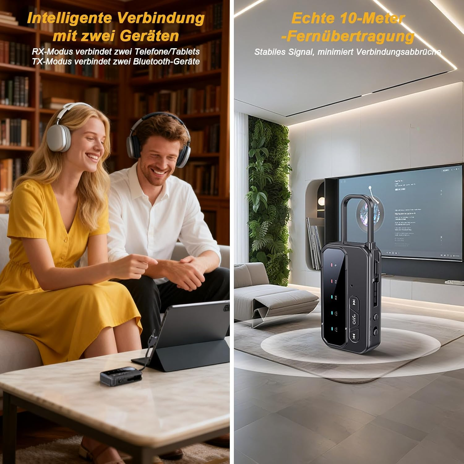 Mann und Frau mit Kopfhörern, Gerät auf Tisch. Rechts: Elektronisches Gerät auf Boden vor TV.