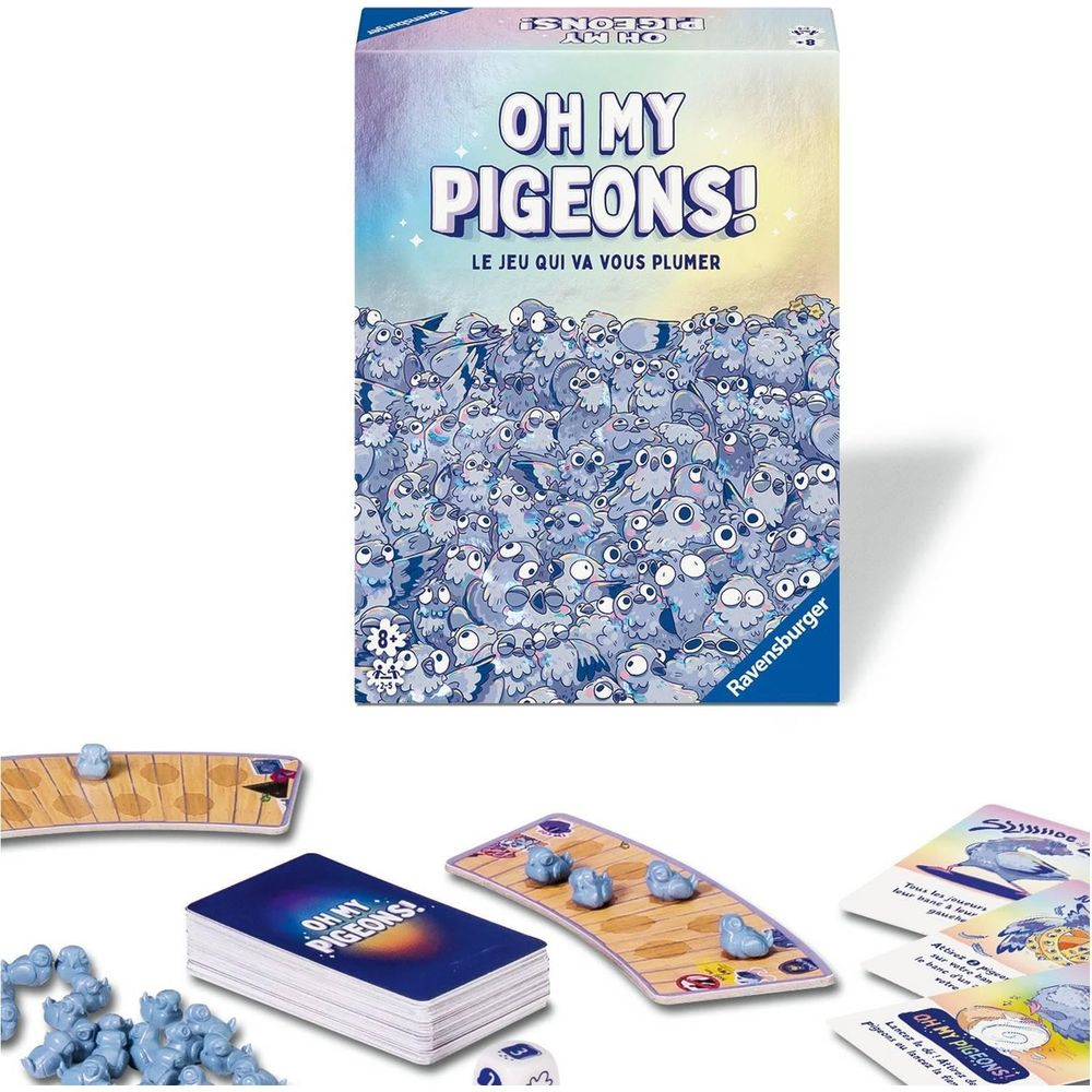 Het bordspel 'Oh My Pigeons!' van Ravensburger, met kaarten, dobbelstenen en pionnen.