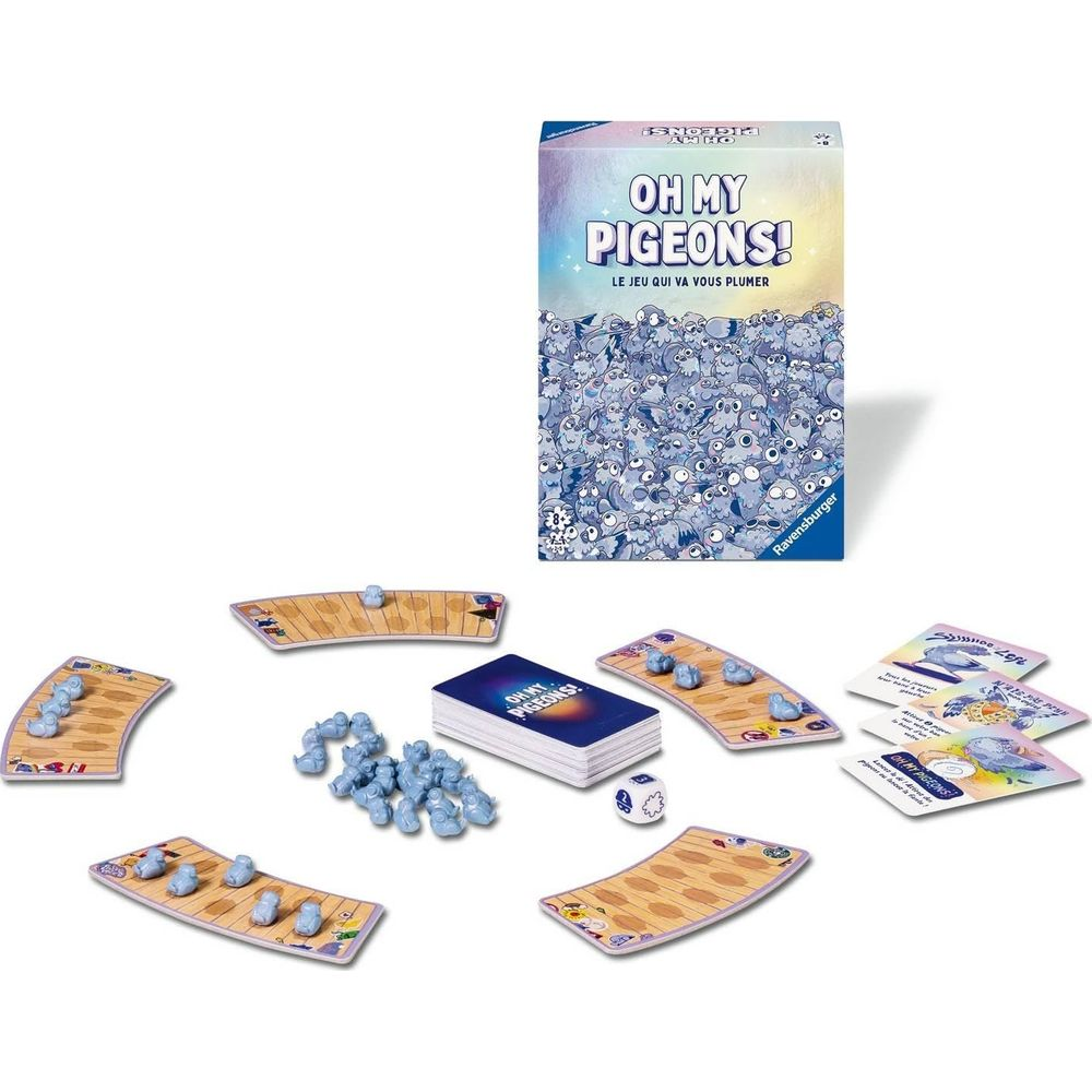 Bordspel "Oh My Pigeons" met veel blauwe duivenfiguurtjes en speelkaarten.